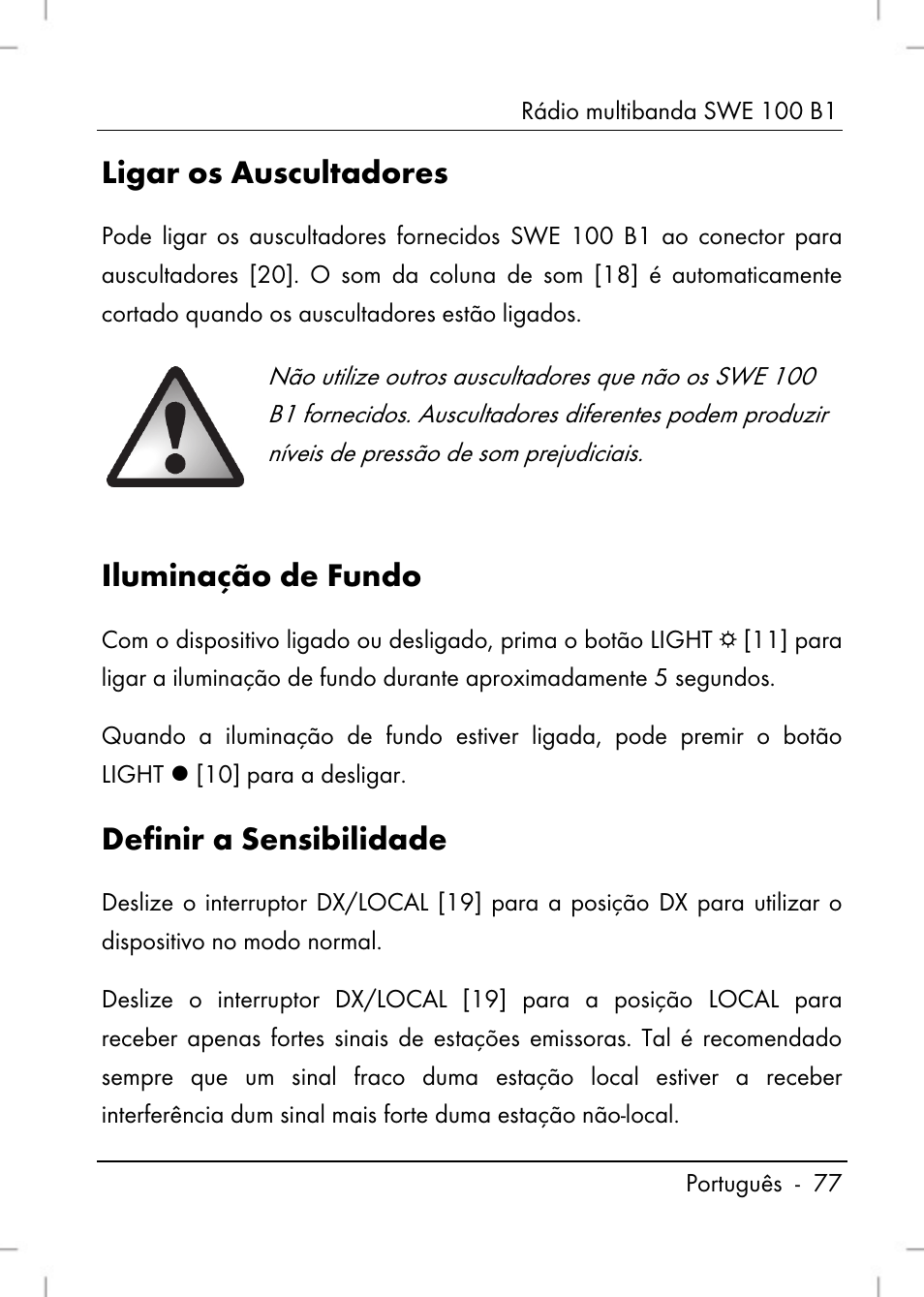 Ligar os auscultadores, Iluminação de fundo, Definir a sensibilidade | Silvercrest SWE 100 B1 User Manual | Page 79 / 140