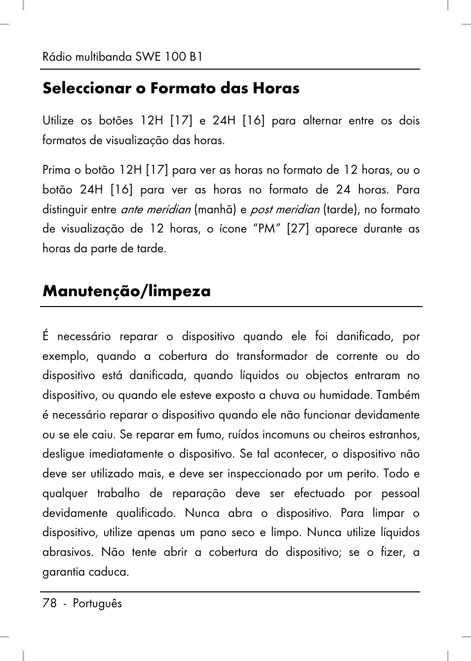 Seleccionar o formato das horas, Manutenção/limpeza | Silvercrest SWE 100 B1 User Manual | Page 80 / 140