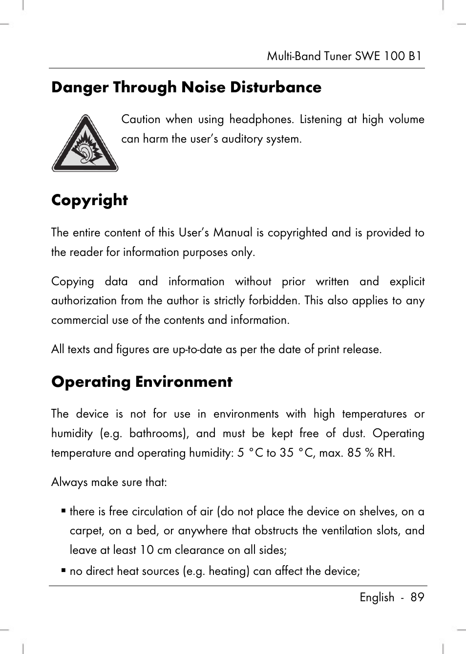 Danger through noise disturbance, Copyright, Operating environment | Silvercrest SWE 100 B1 User Manual | Page 91 / 140