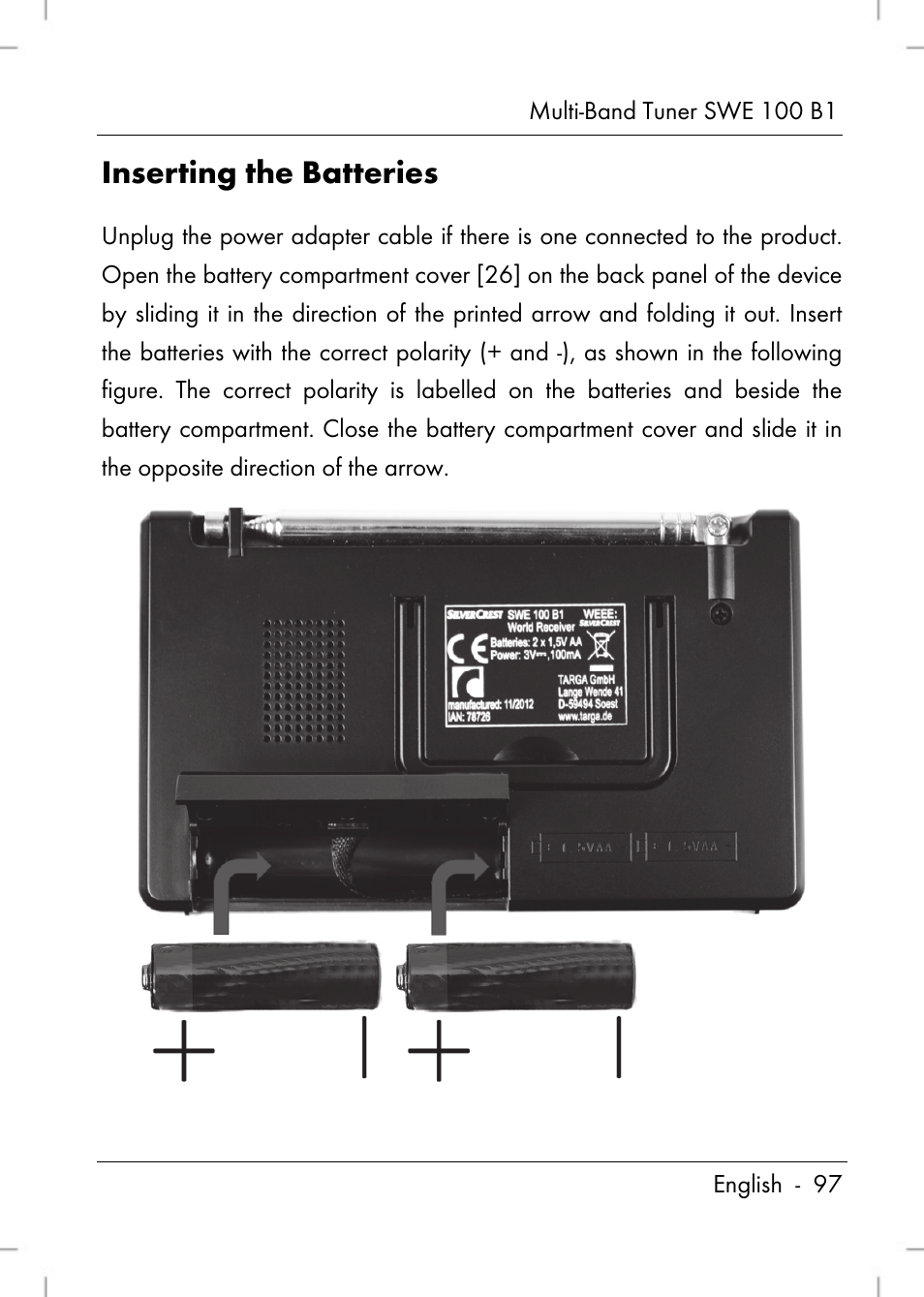 Inserting the batteries | Silvercrest SWE 100 B1 User Manual | Page 99 / 140