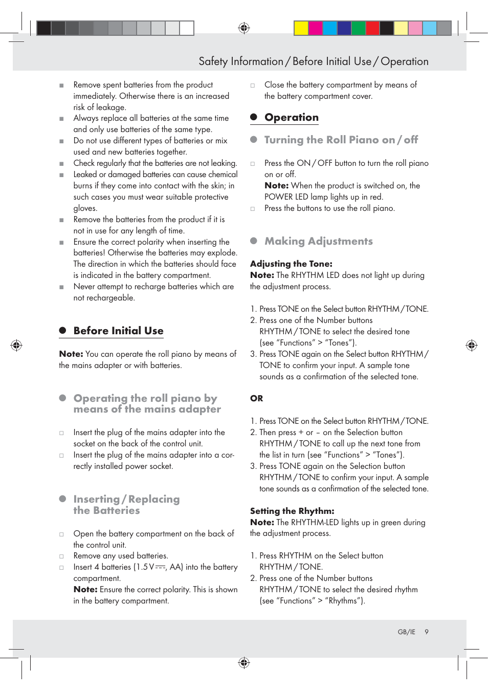 Before initial use, Inserting / replacing the batteries, Operation | Turning the roll piano on / oﬀ, Making adjustments | Silvercrest Z30258-BS User Manual | Page 9 / 18