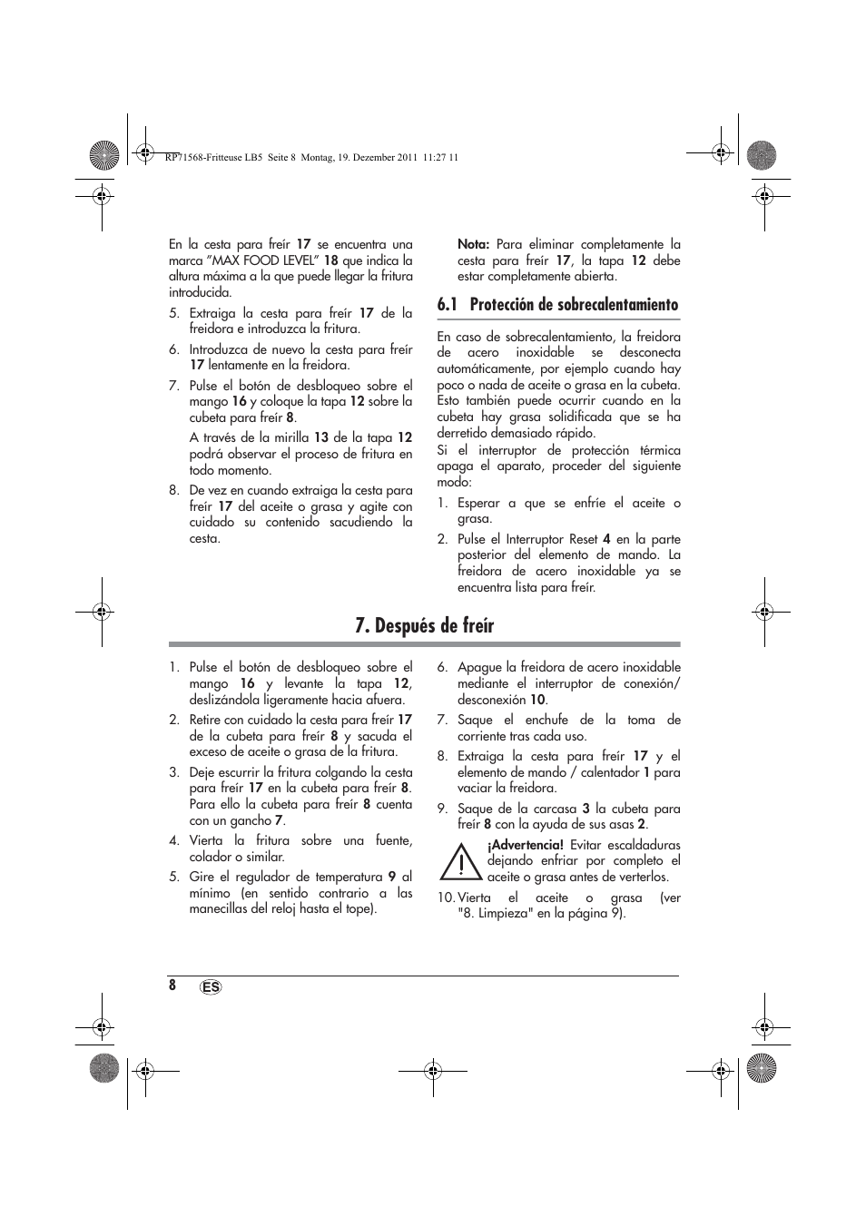 Después de freír, 1 protección de sobrecalentamiento | Silvercrest SEF 2100 A1 User Manual | Page 10 / 58