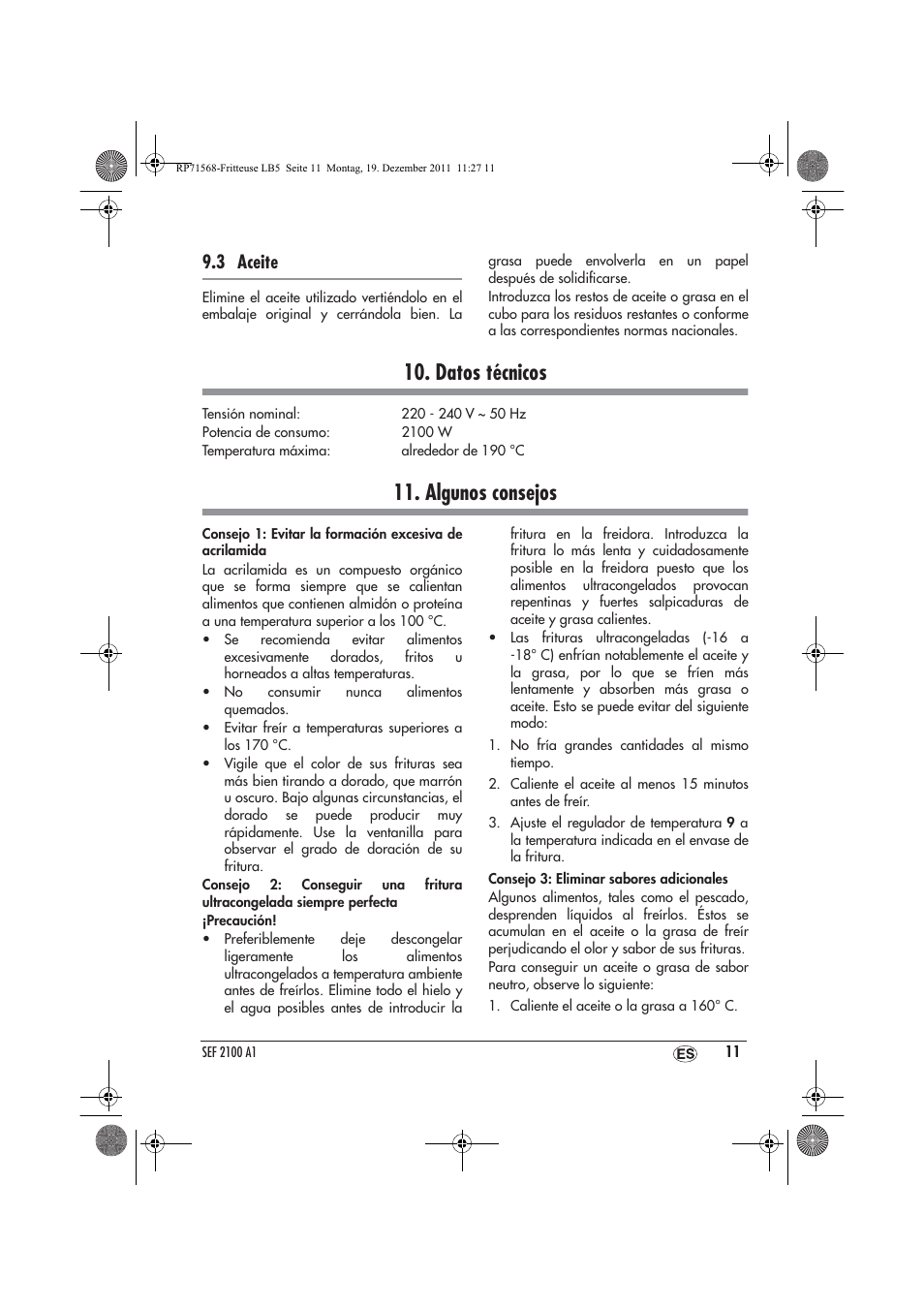 Datos técnicos, Algunos consejos, 3 aceite | Silvercrest SEF 2100 A1 User Manual | Page 13 / 58