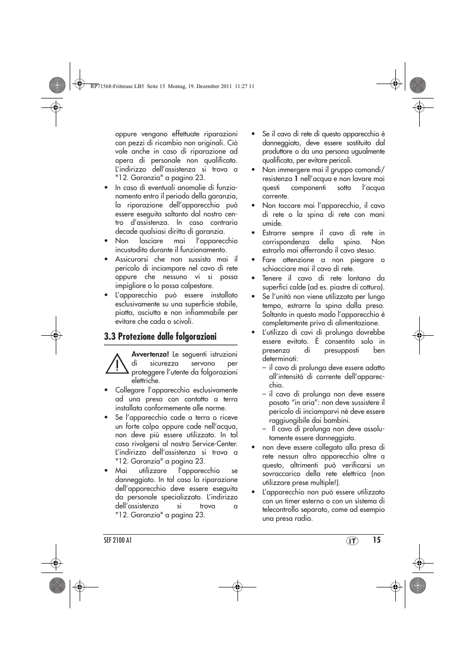 3 protezione dalle folgorazioni | Silvercrest SEF 2100 A1 User Manual | Page 17 / 58