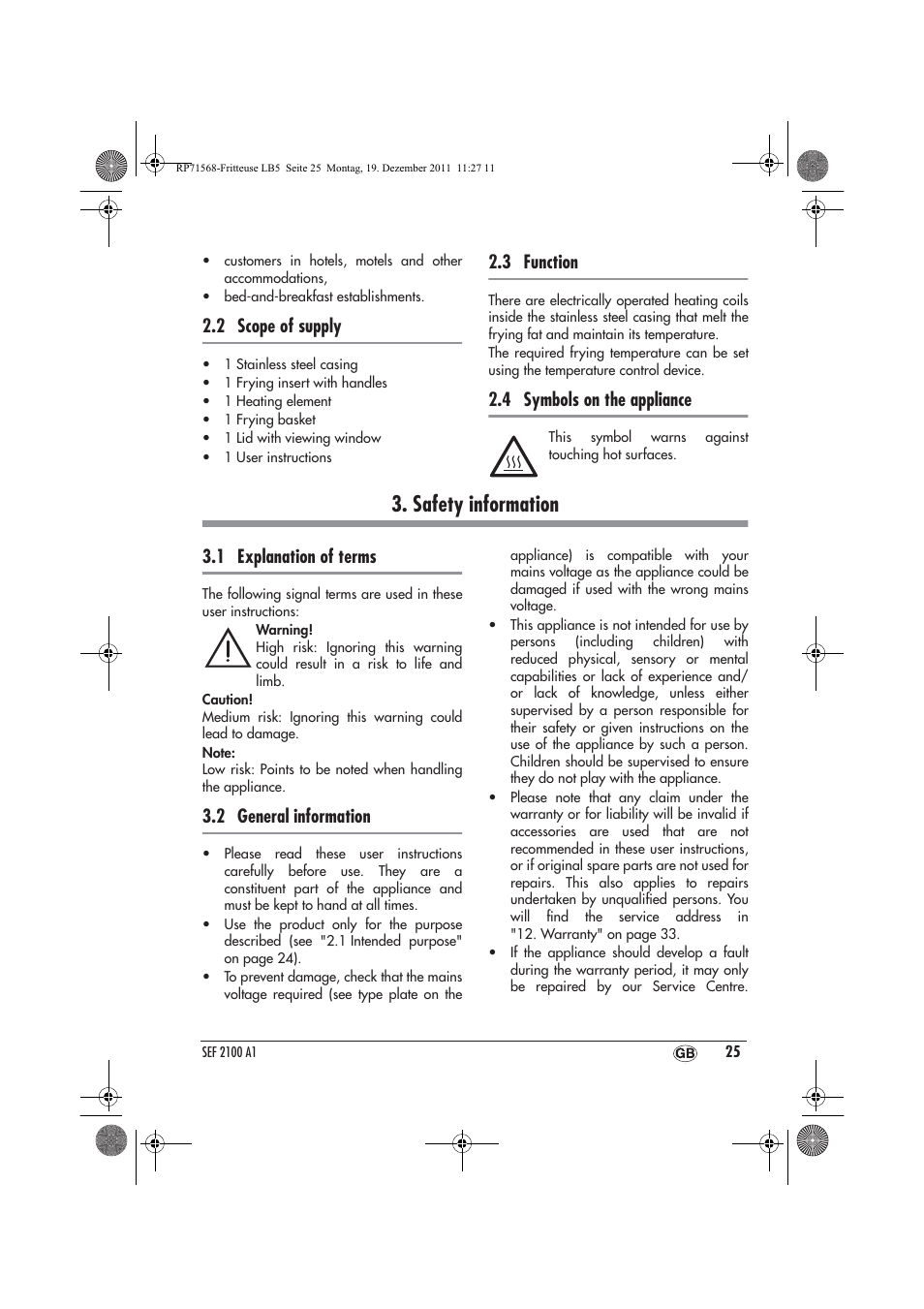 Safety information, 2 scope of supply, 3 function | 4 symbols on the appliance, 1 explanation of terms, 2 general information | Silvercrest SEF 2100 A1 User Manual | Page 27 / 58