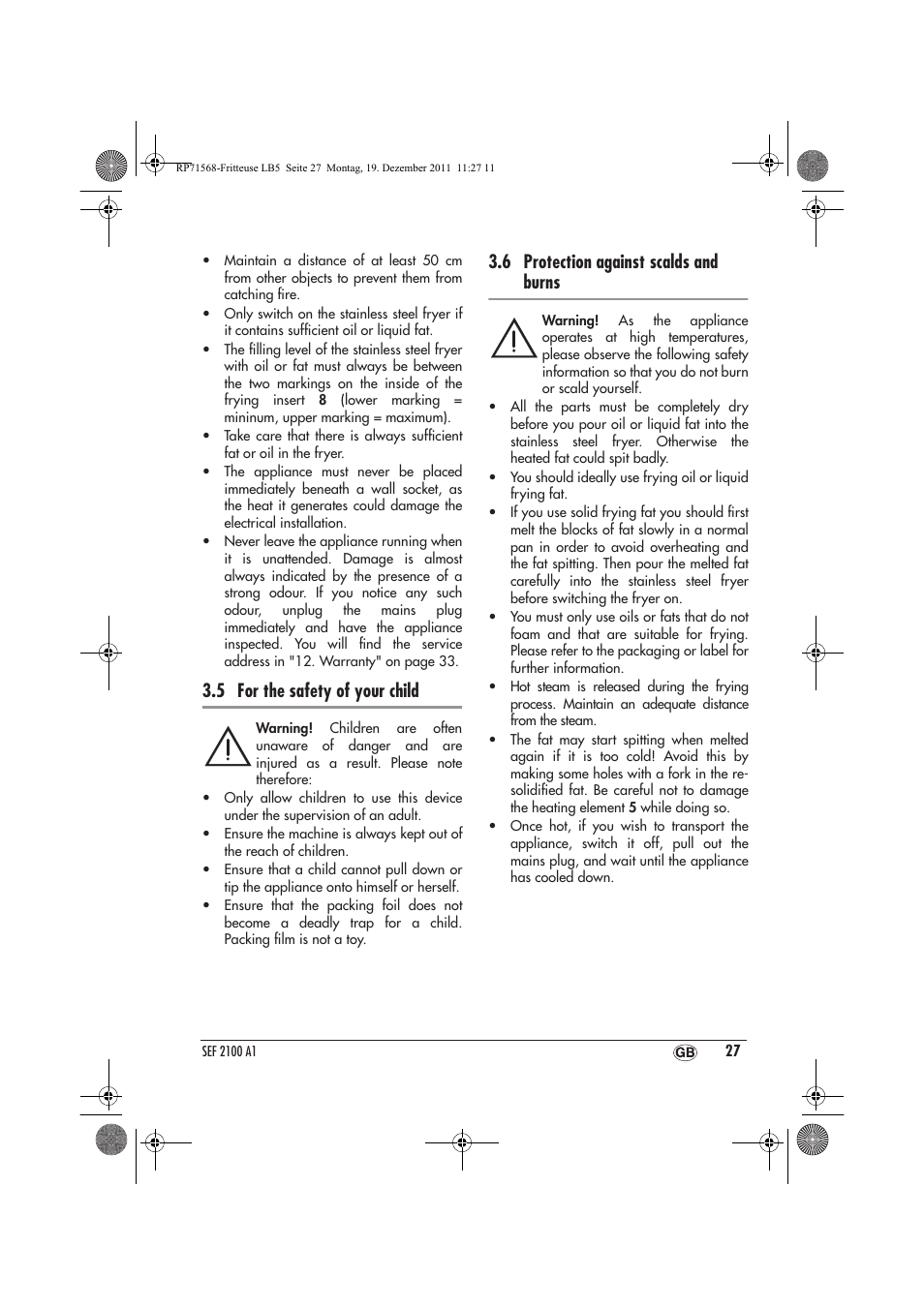 5 for the safety of your child, 6 protection against scalds and burns | Silvercrest SEF 2100 A1 User Manual | Page 29 / 58