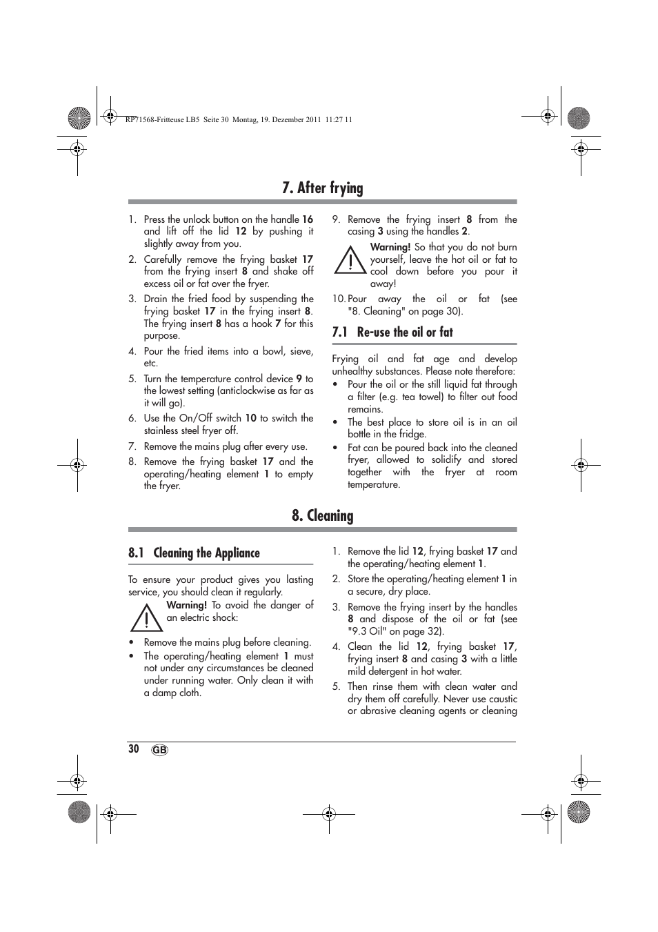 After frying, Cleaning, 1 re-use the oil or fat | 1 cleaning the appliance | Silvercrest SEF 2100 A1 User Manual | Page 32 / 58