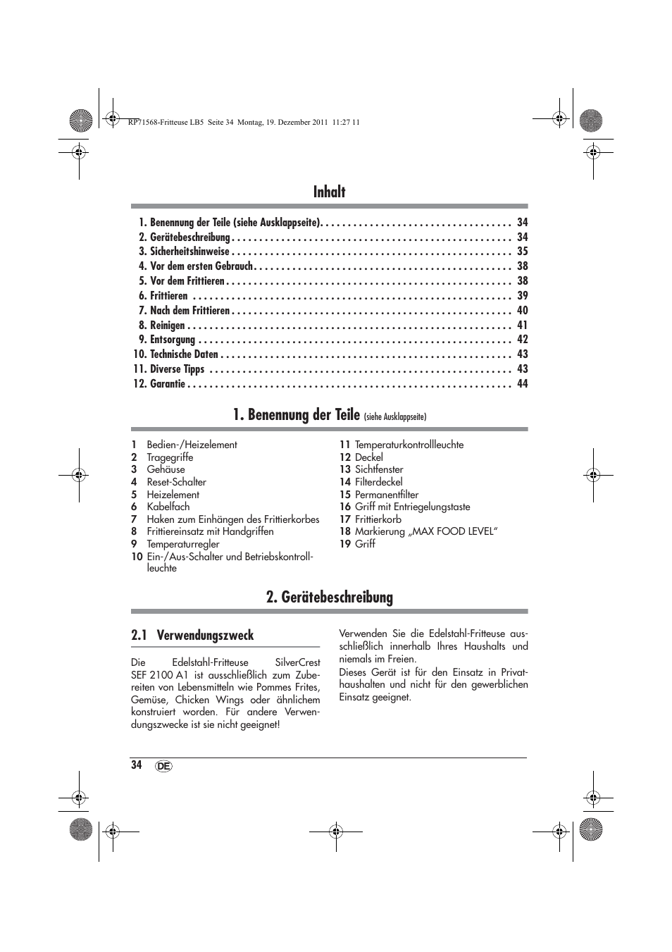 Inhalt, Benennung der teile, Gerätebeschreibung | 1 verwendungszweck | Silvercrest SEF 2100 A1 User Manual | Page 36 / 58