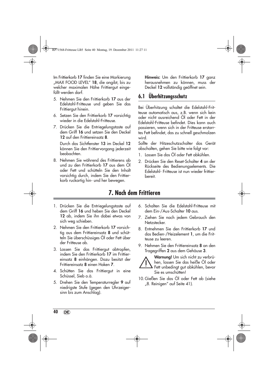 Nach dem frittieren, 1 überhitzungsschutz | Silvercrest SEF 2100 A1 User Manual | Page 42 / 58