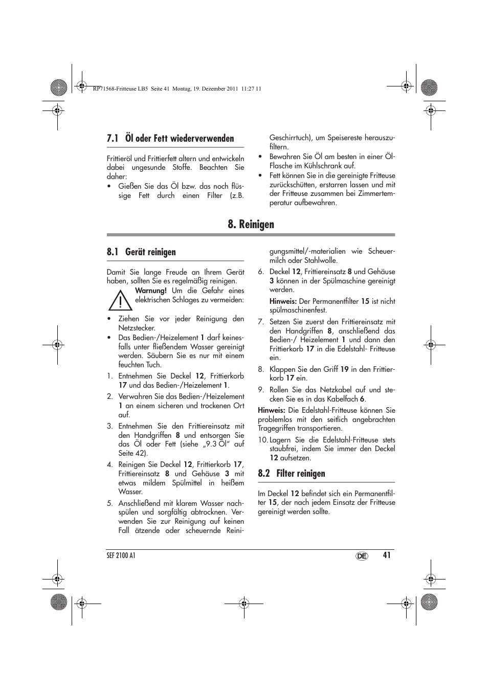 Reinigen, 1 öl oder fett wiederverwenden, 1 gerät reinigen | 2 filter reinigen | Silvercrest SEF 2100 A1 User Manual | Page 43 / 58