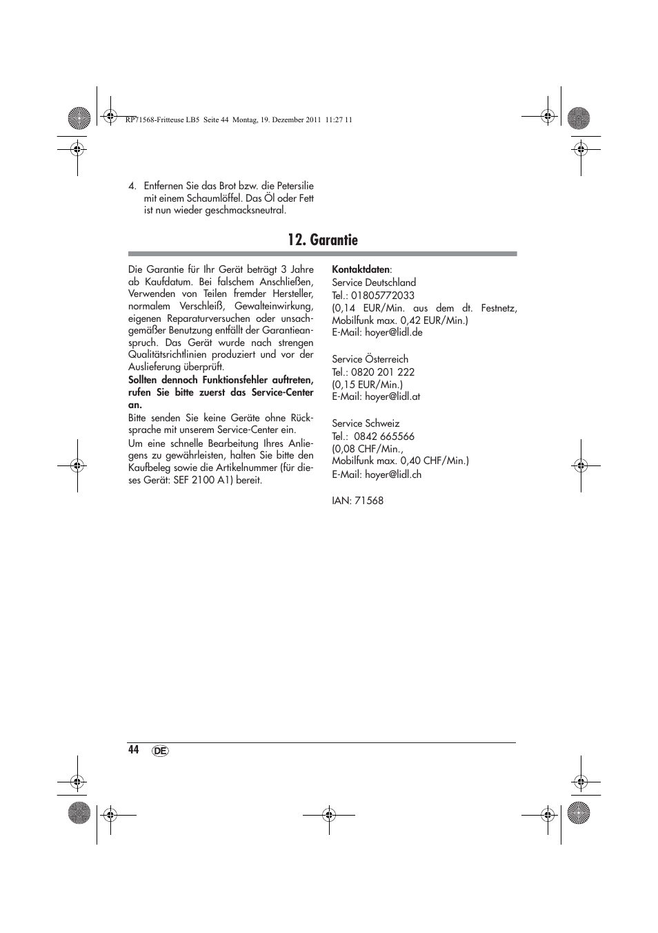 Garantie | Silvercrest SEF 2100 A1 User Manual | Page 46 / 58