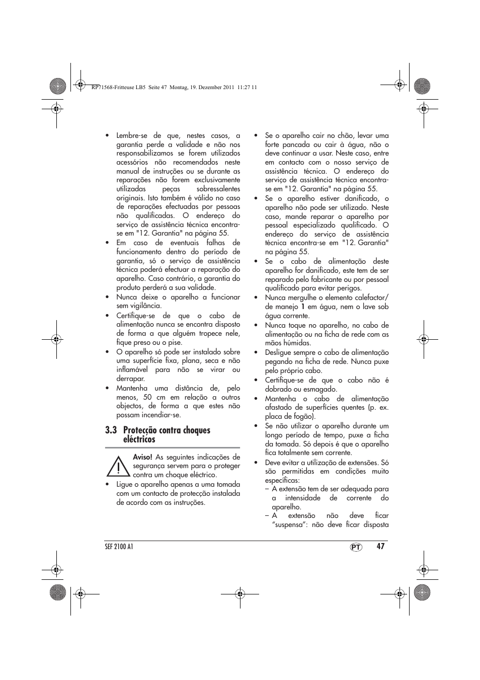 3 protecção contra choques eléctricos | Silvercrest SEF 2100 A1 User Manual | Page 49 / 58