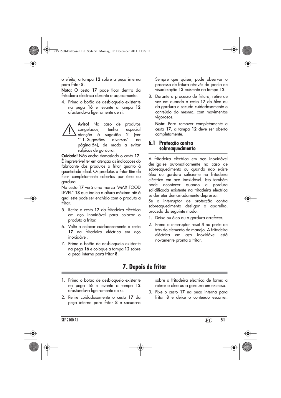 Depois de fritar, 1 protecção contra sobreaquecimento | Silvercrest SEF 2100 A1 User Manual | Page 53 / 58