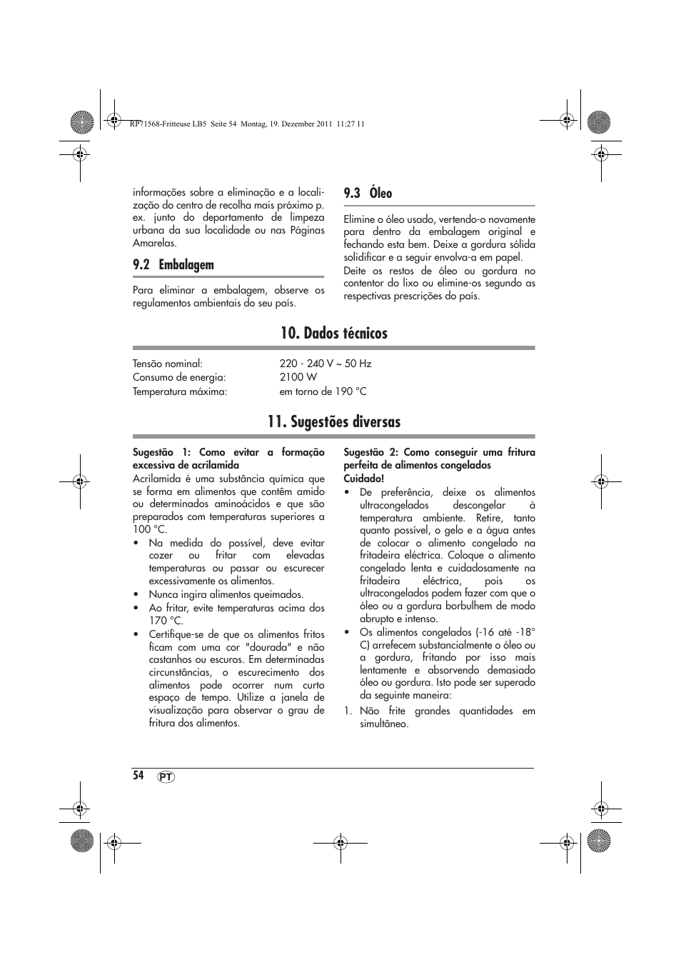 Dados técnicos, Sugestões diversas, 2 embalagem | 3 óleo | Silvercrest SEF 2100 A1 User Manual | Page 56 / 58