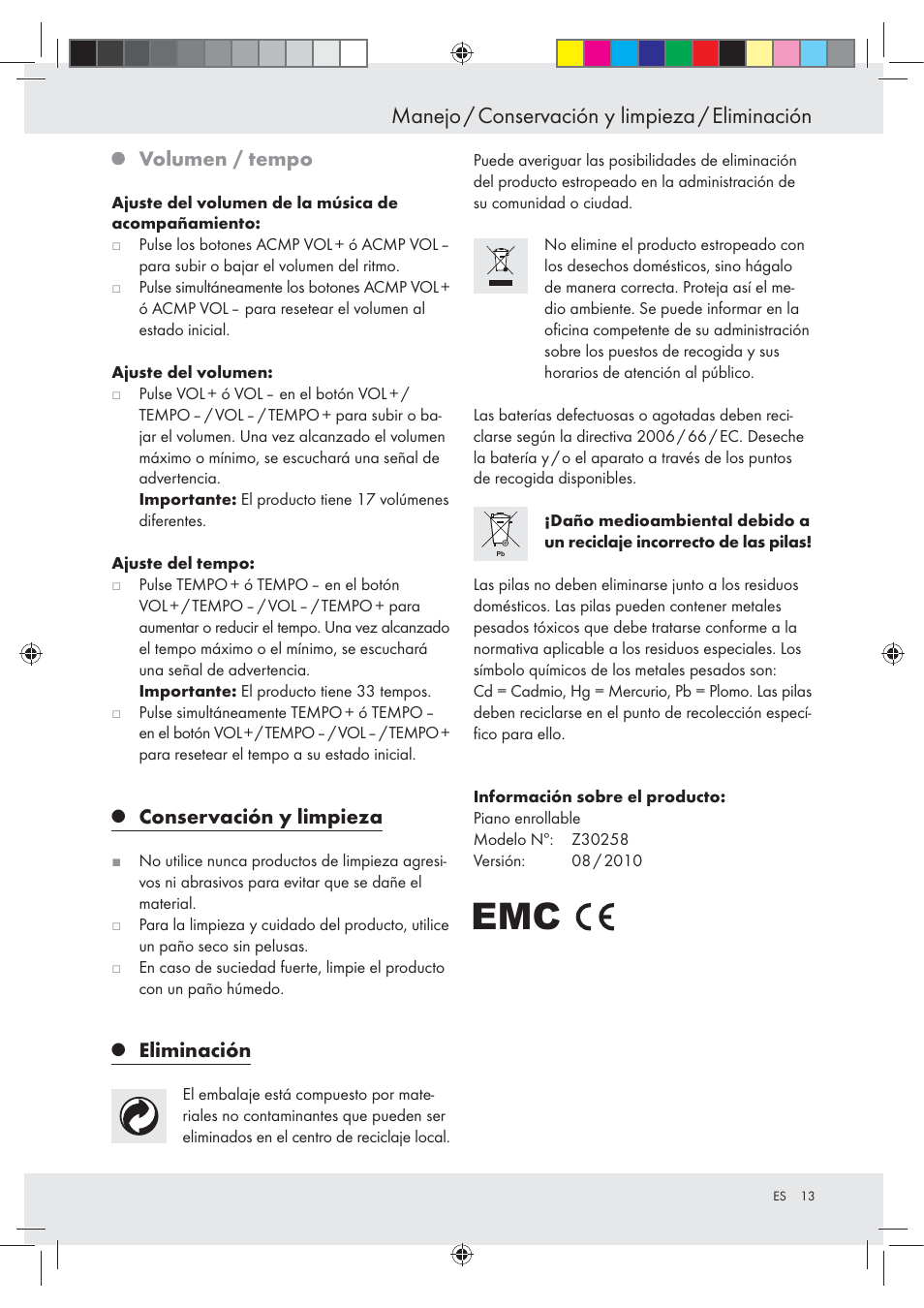 Manejo / conservación y limpieza / eliminación, Volumen / tempo, Conservación y limpieza | Eliminación | Silvercrest Z30258-BS User Manual | Page 13 / 55