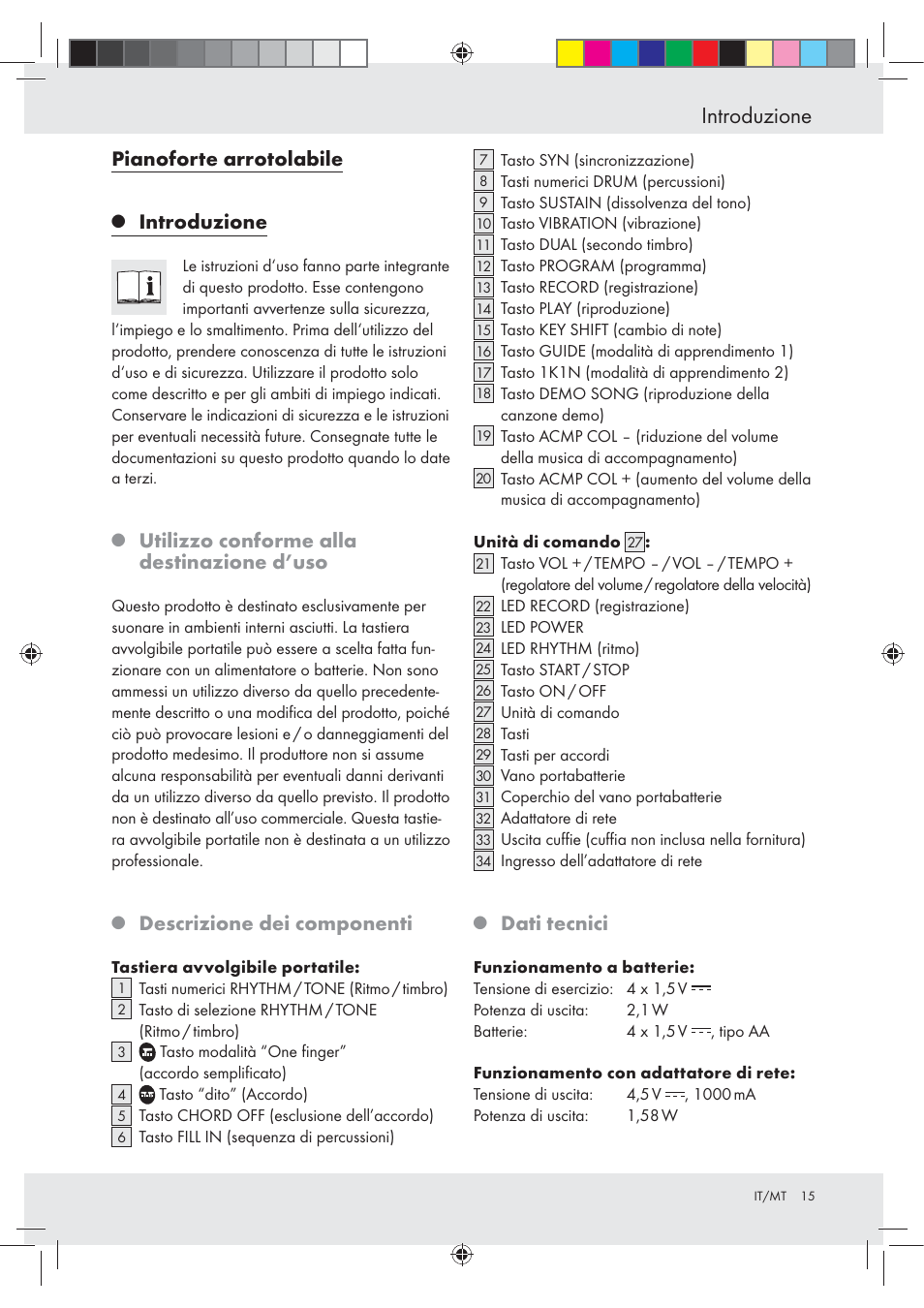 Introduzione, Pianoforte arrotolabile, Utilizzo conforme alla destinazione d’uso | Descrizione dei componenti, Dati tecnici | Silvercrest Z30258-BS User Manual | Page 15 / 55