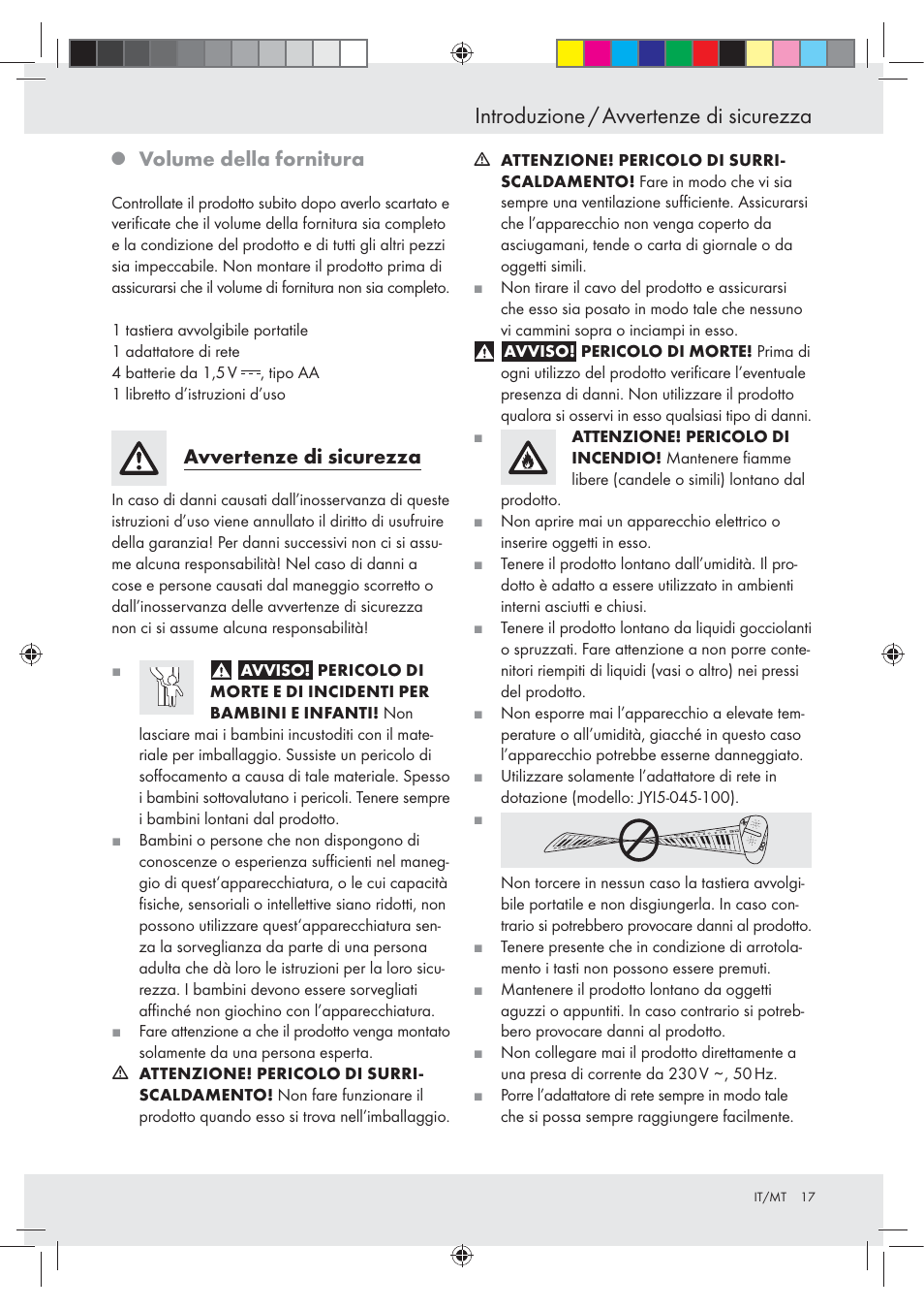 Introduzione / avvertenze di sicurezza, Volume della fornitura, Avvertenze di sicurezza | Silvercrest Z30258-BS User Manual | Page 17 / 55