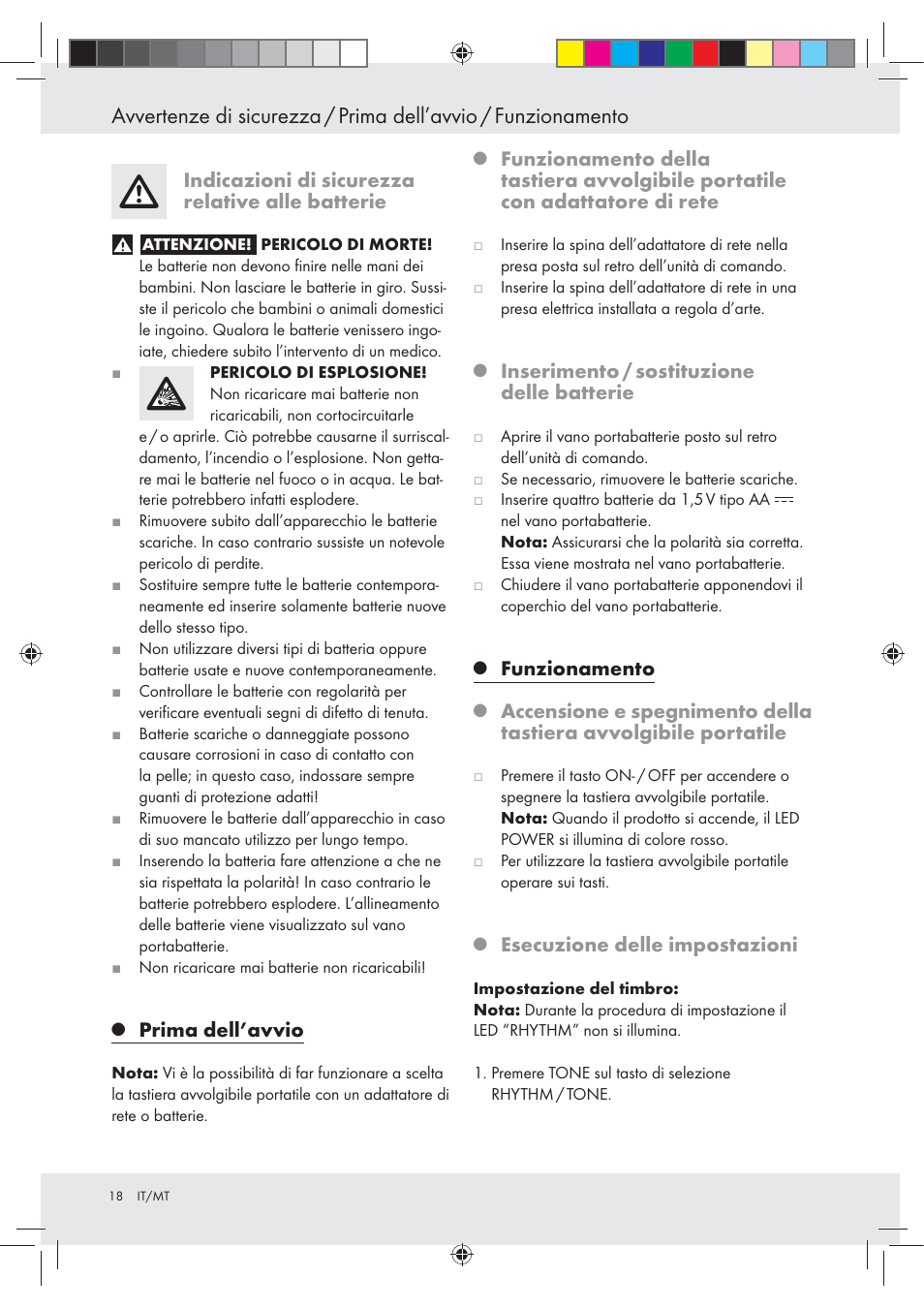 Indicazioni di sicurezza relative alle batterie, Prima dell’avvio, Inserimento / sostituzione delle batterie | Funzionamento, Esecuzione delle impostazioni | Silvercrest Z30258-BS User Manual | Page 18 / 55
