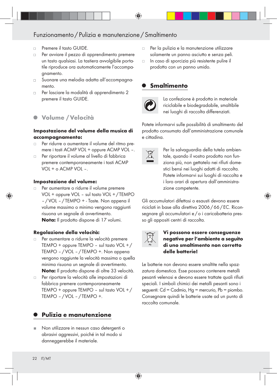 Volume / velocità, Pulizia e manutenzione, Smaltimento | Silvercrest Z30258-BS User Manual | Page 22 / 55