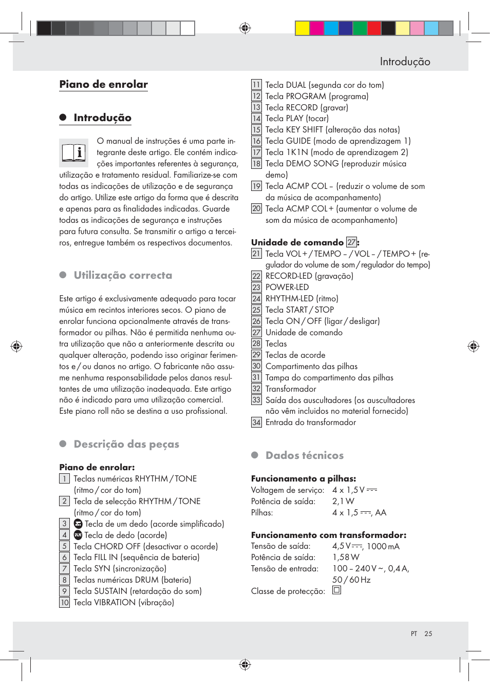 Introdução, Piano de enrolar, Utilização correcta | Descrição das peças, Dados técnicos | Silvercrest Z30258-BS User Manual | Page 25 / 55