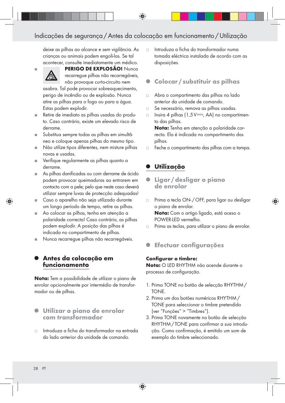 Antes da colocação em funcionamento, Utilizar o piano de enrolar com transformador, Colocar / substituir as pilhas | Utilização, Ligar / desligar o piano de enrolar, Efectuar conﬁgurações | Silvercrest Z30258-BS User Manual | Page 28 / 55