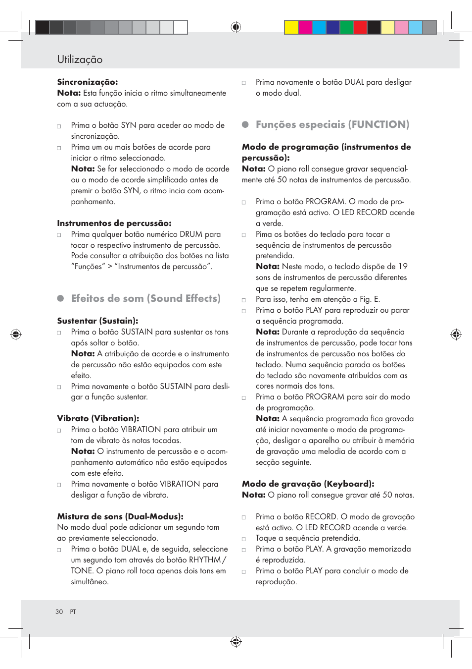 Utilização, Efeitos de som (sound eﬀects), Funções especiais (function) | Silvercrest Z30258-BS User Manual | Page 30 / 55