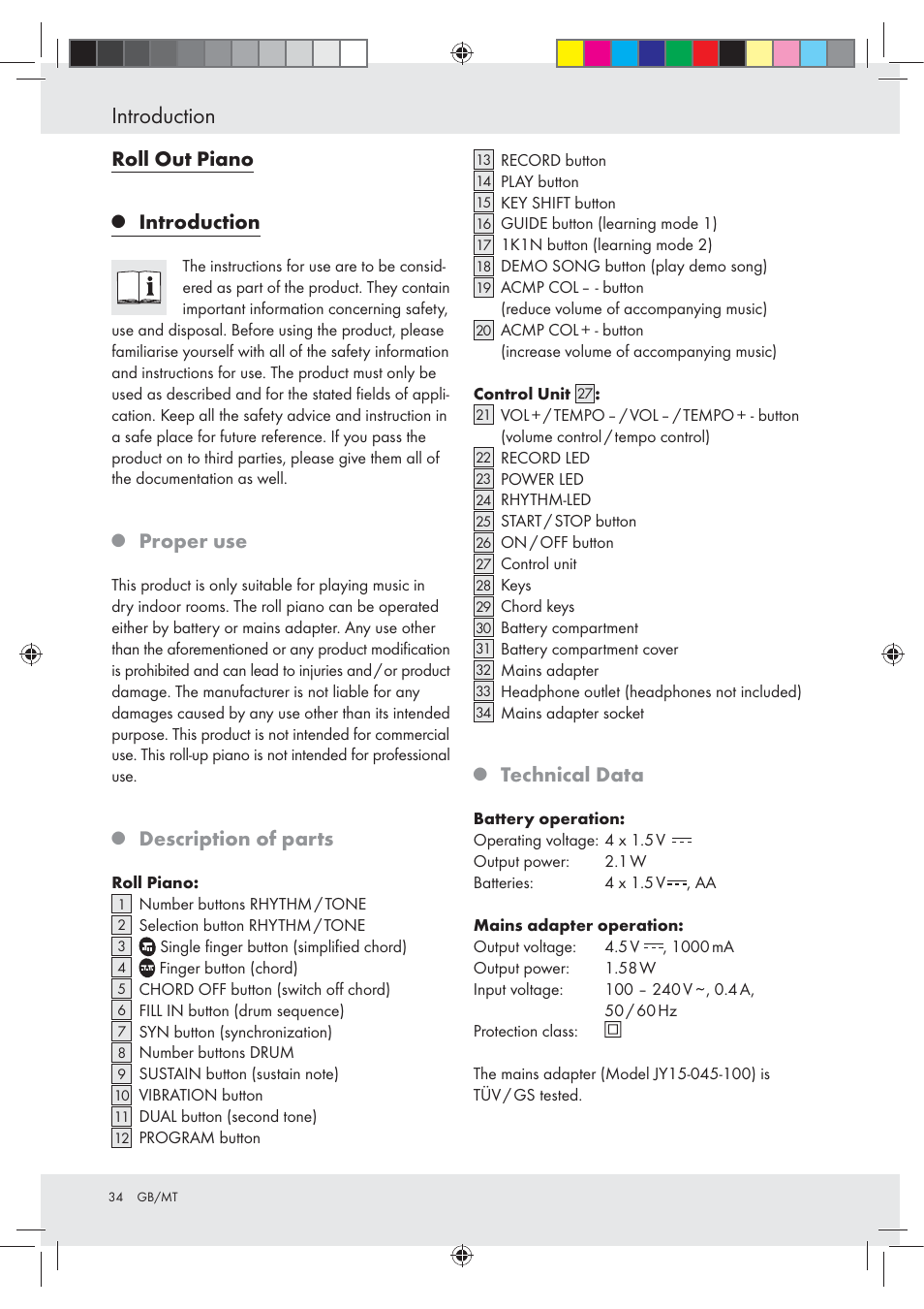 Introduction, Roll out piano, Proper use | Description of parts, Technical data | Silvercrest Z30258-BS User Manual | Page 34 / 55