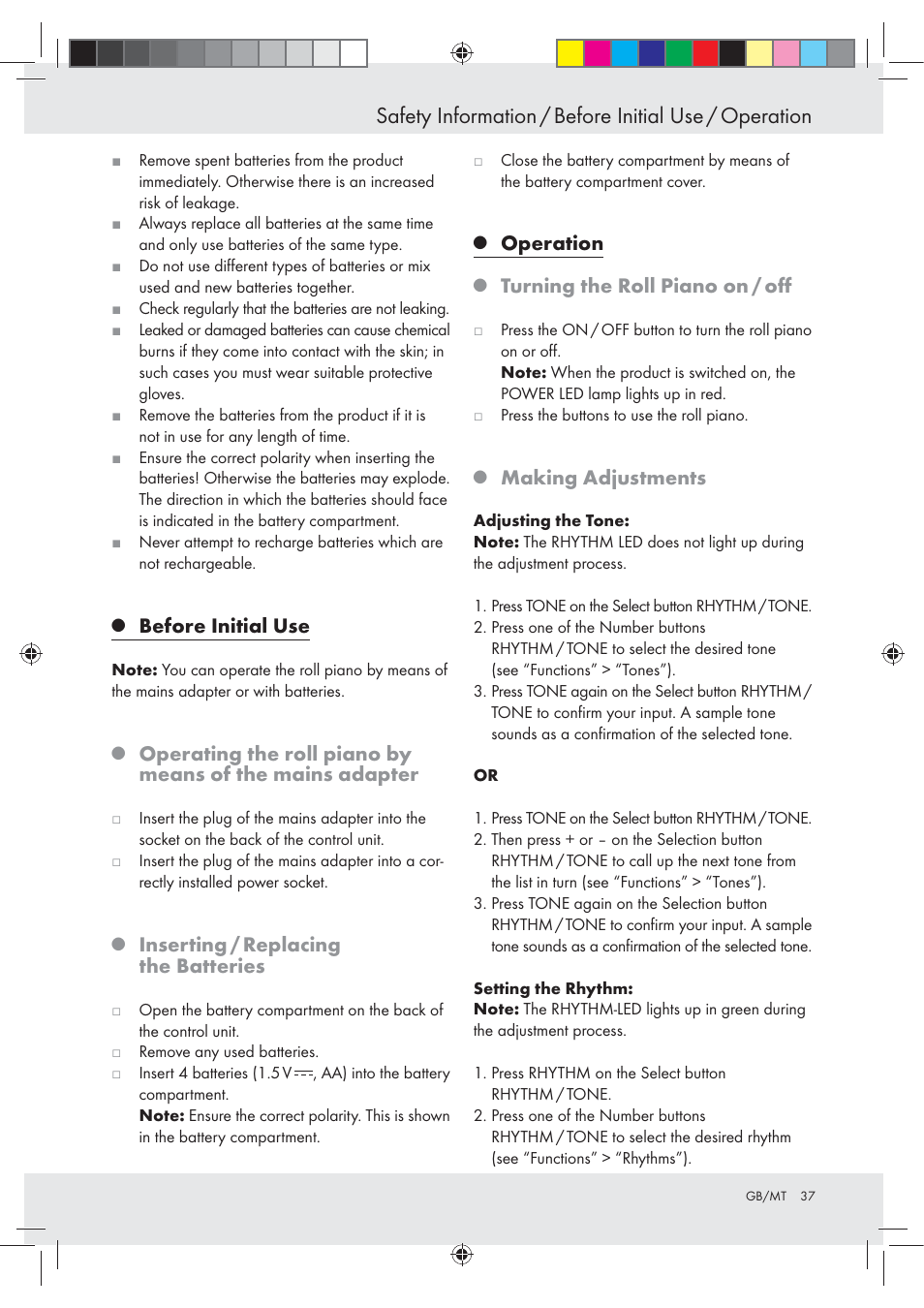 Before initial use, Inserting / replacing the batteries, Operation | Turning the roll piano on / oﬀ, Making adjustments | Silvercrest Z30258-BS User Manual | Page 37 / 55