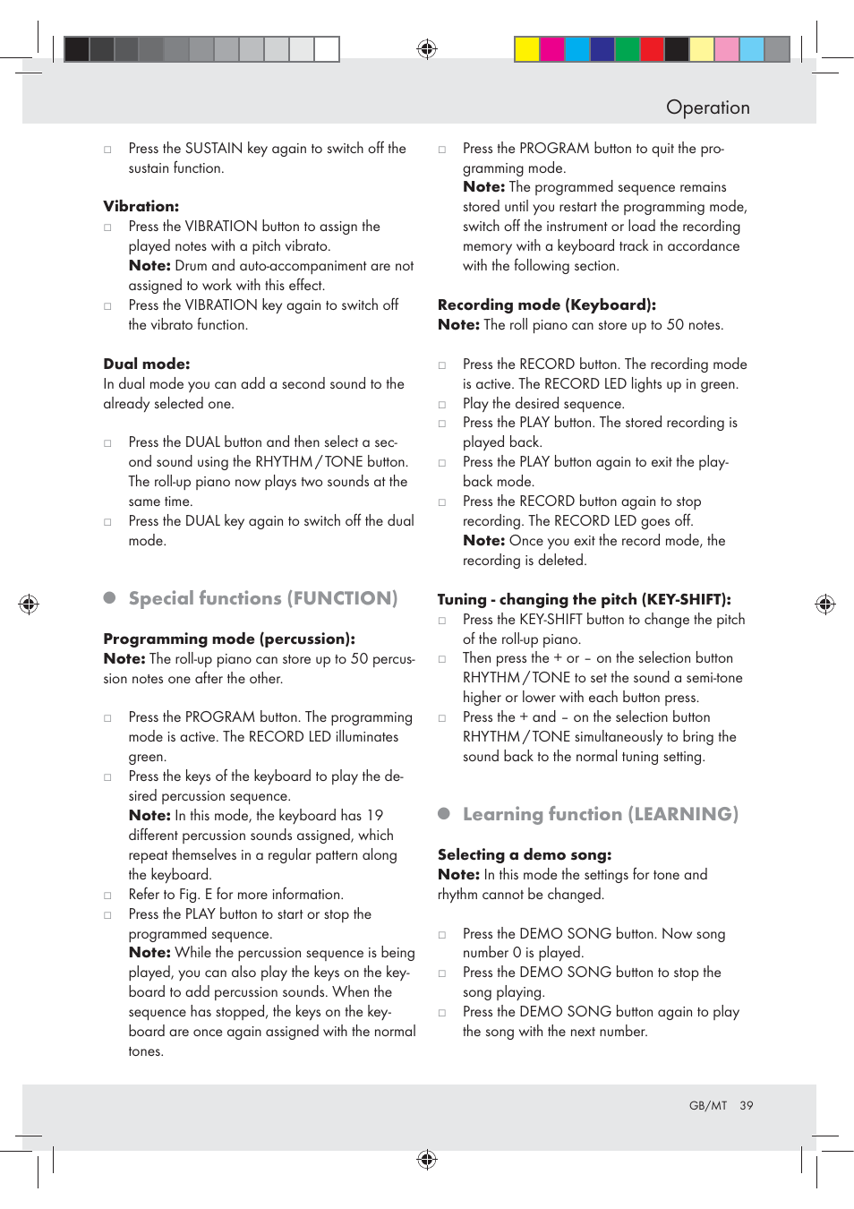 Operation, Special functions (function), Learning function (learning) | Silvercrest Z30258-BS User Manual | Page 39 / 55