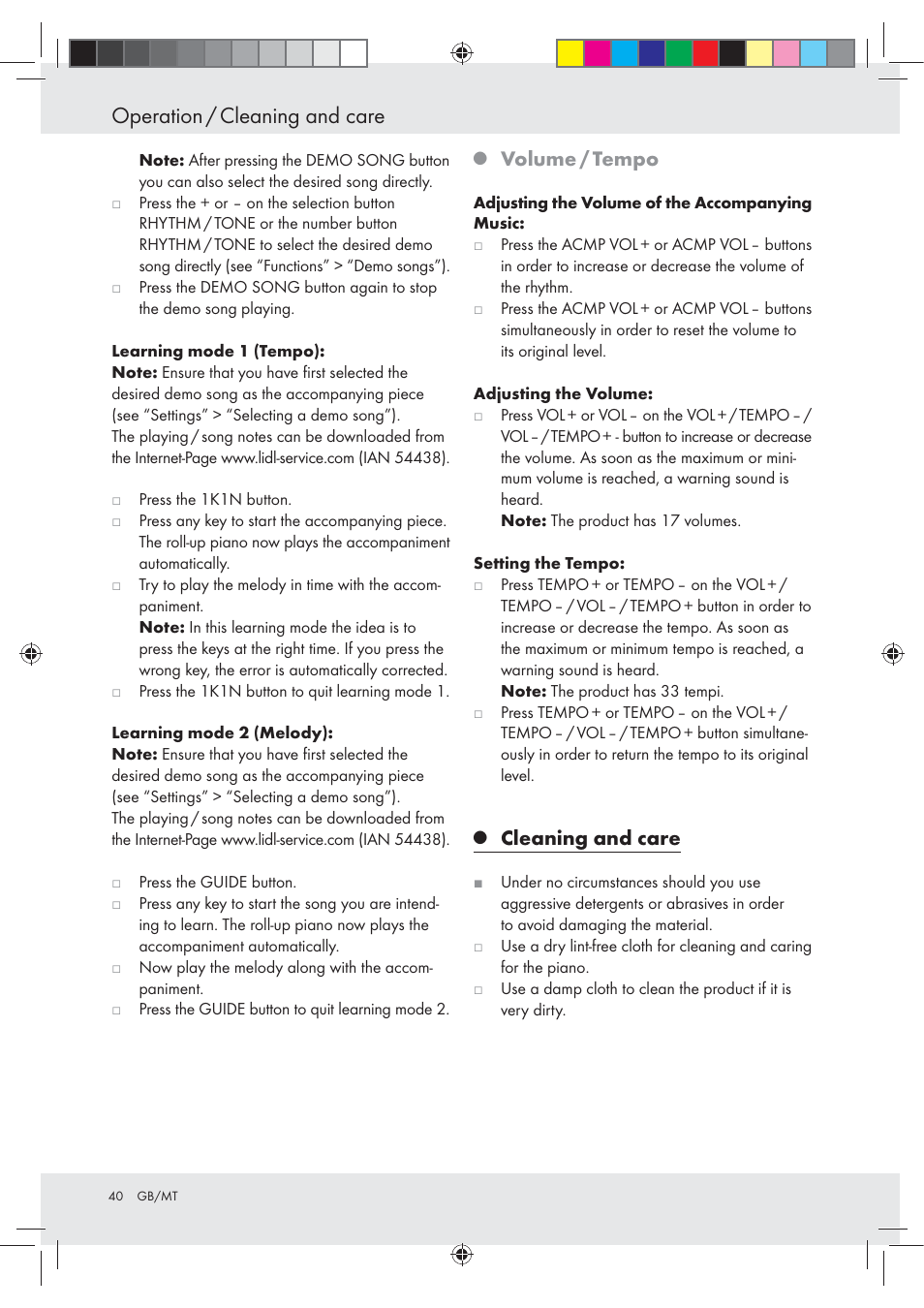 Operation / cleaning and care, Volume / tempo, Cleaning and care | Silvercrest Z30258-BS User Manual | Page 40 / 55