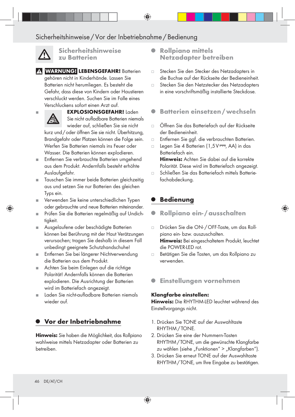 Sicherheitshinweise zu batterien, Vor der inbetriebnahme, Rollpiano mittels netzadapter betreiben | Batterien einsetzen / wechseln, Bedienung, Rollpiano ein- / ausschalten, Einstellungen vornehmen | Silvercrest Z30258-BS User Manual | Page 46 / 55