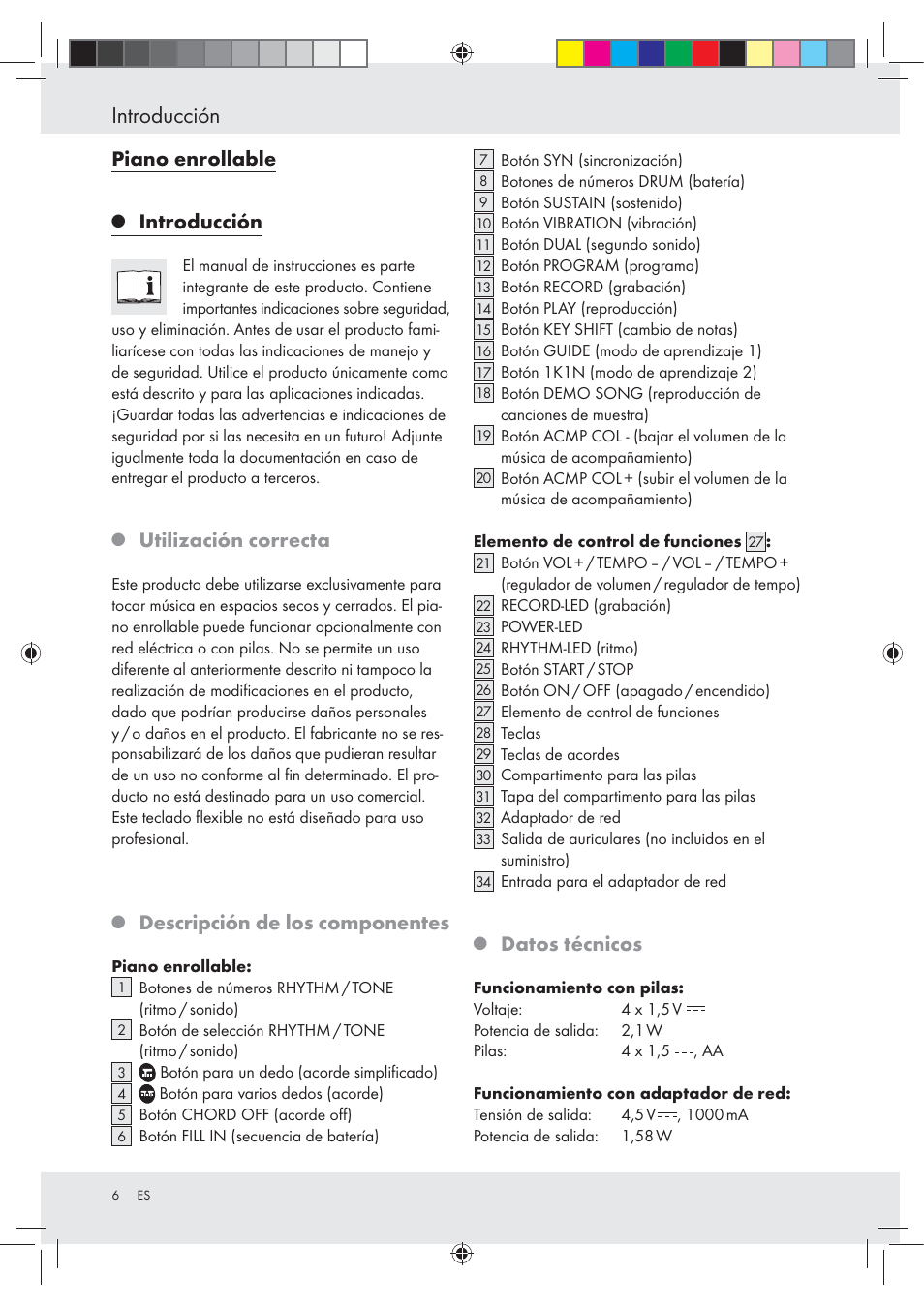 Introducción, Piano enrollable, Utilización correcta | Descripción de los componentes, Datos técnicos | Silvercrest Z30258-BS User Manual | Page 6 / 55