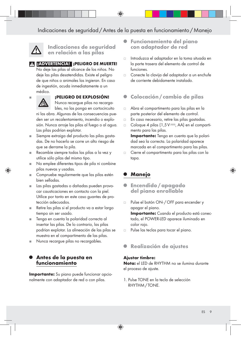 Indicaciones de seguridad en relación a las pilas, Antes de la puesta en funcionamiento, Funcionamiento del piano con adaptador de red | Colocación / cambio de pilas, Manejo, Encendido / apagado del piano enrollable, Realización de ajustes | Silvercrest Z30258-BS User Manual | Page 9 / 55