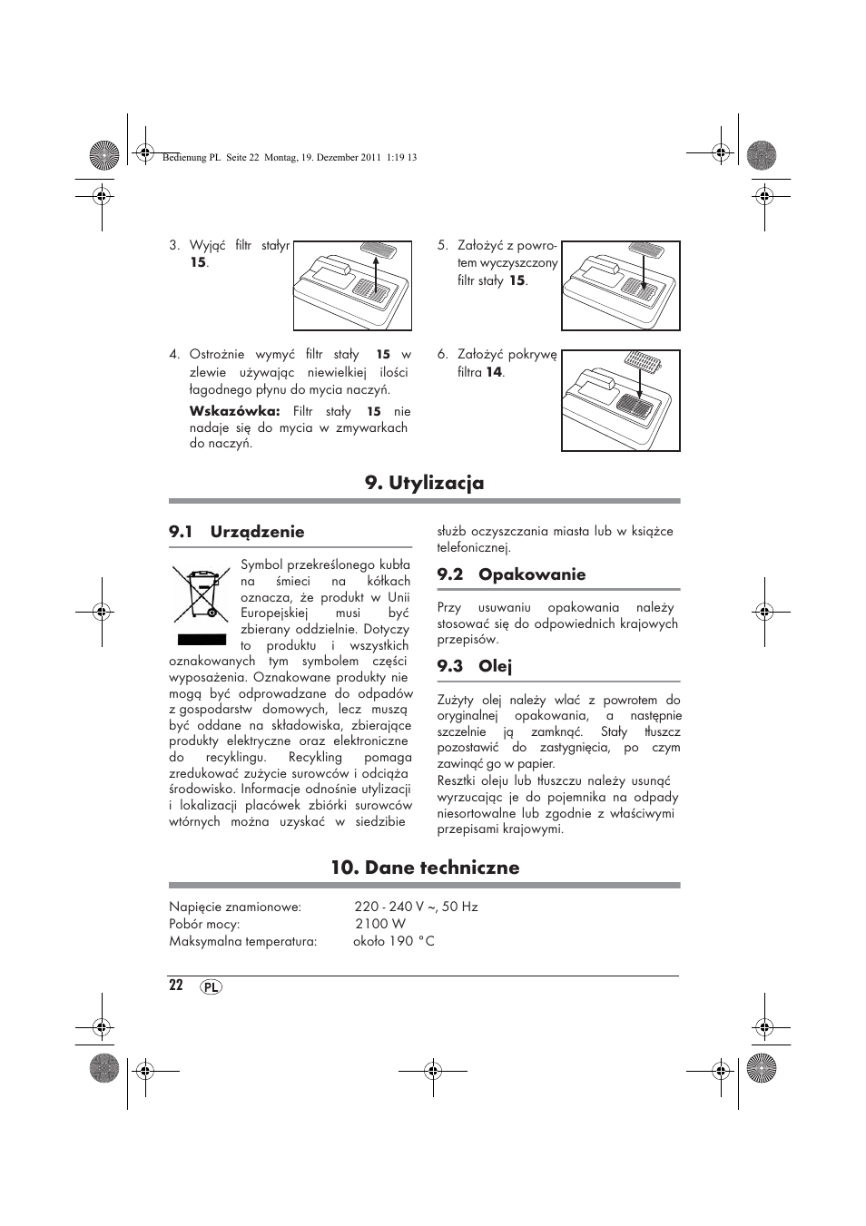 Utylizacja, Dane techniczne | Silvercrest SEF 2100 A1 User Manual | Page 24 / 86