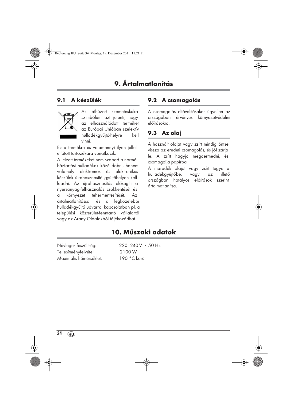 Ártalmatlanítás, Műszaki adatok | Silvercrest SEF 2100 A1 User Manual | Page 36 / 86