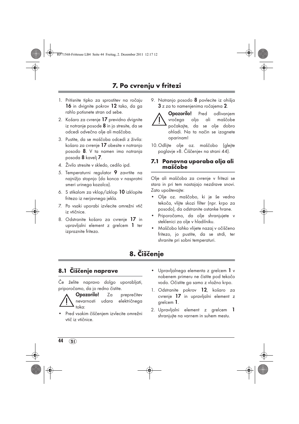 Po cvrenju v fritezi, Čiščenje | Silvercrest SEF 2100 A1 User Manual | Page 46 / 86