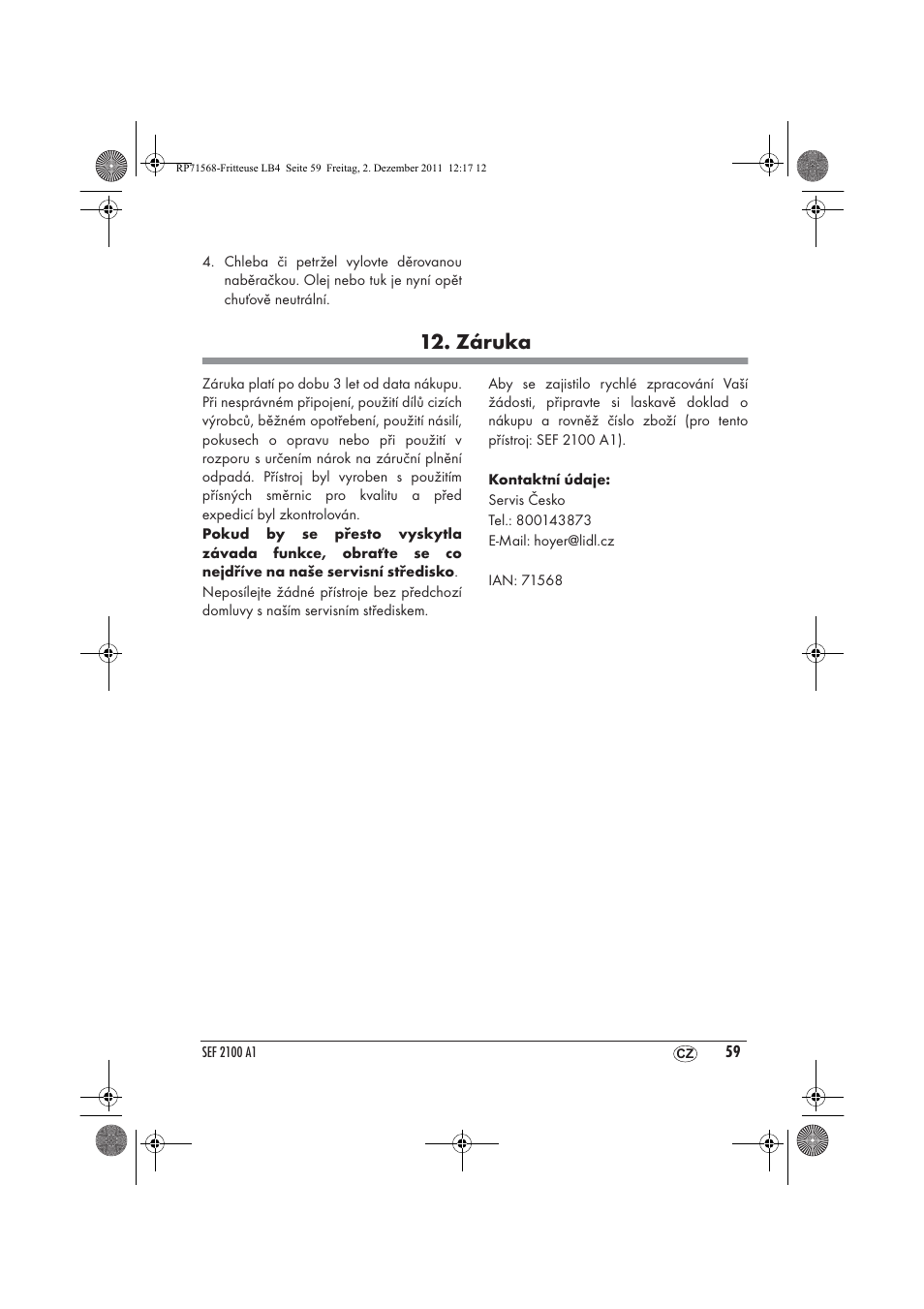 Záruka | Silvercrest SEF 2100 A1 User Manual | Page 61 / 86