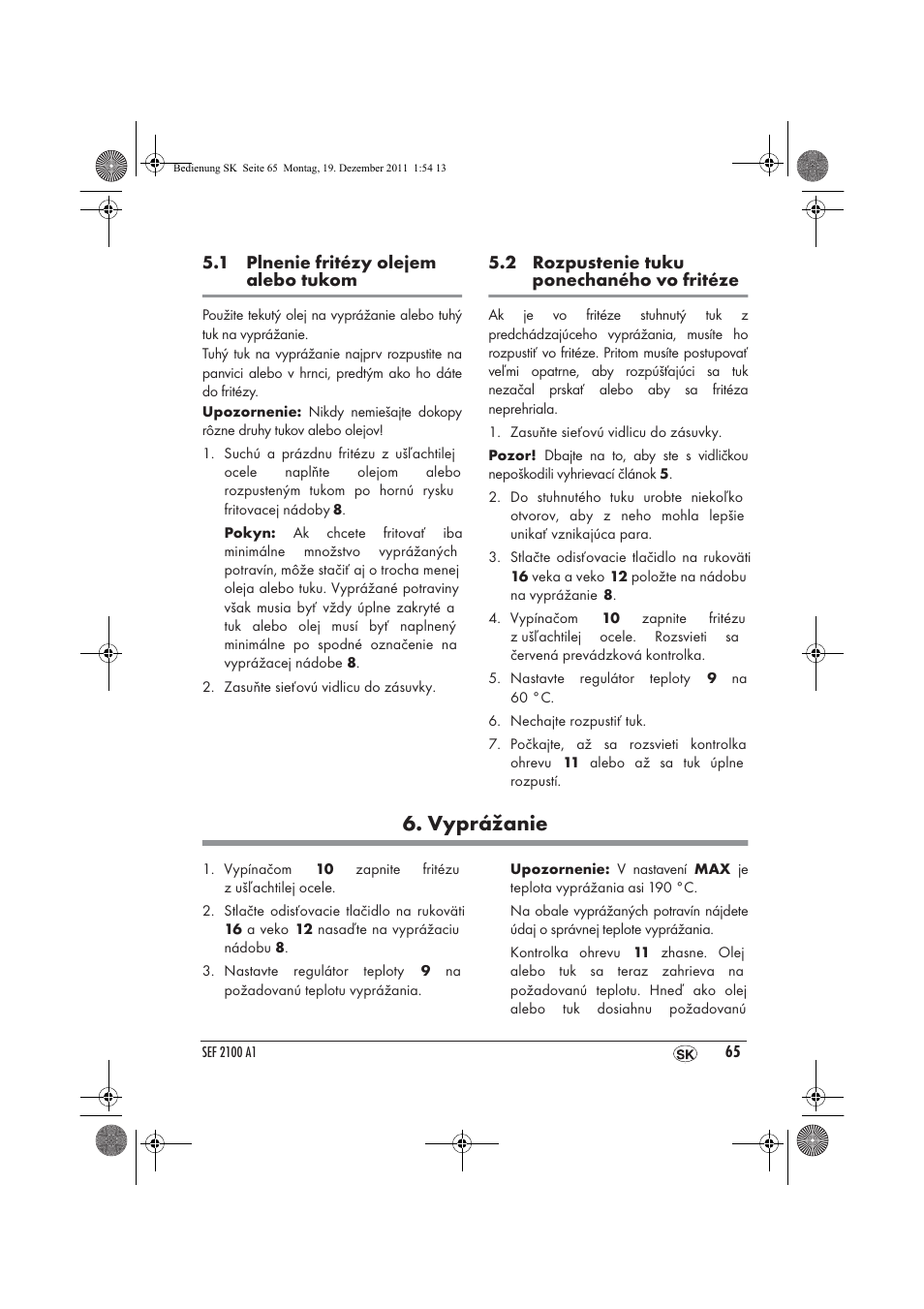 Vyprážanie | Silvercrest SEF 2100 A1 User Manual | Page 67 / 86