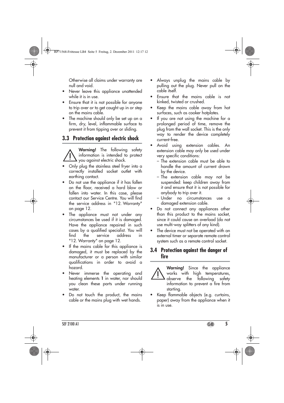 3 protection against electric shock, 4 protection against the danger of ﬁre | Silvercrest SEF 2100 A1 User Manual | Page 7 / 86