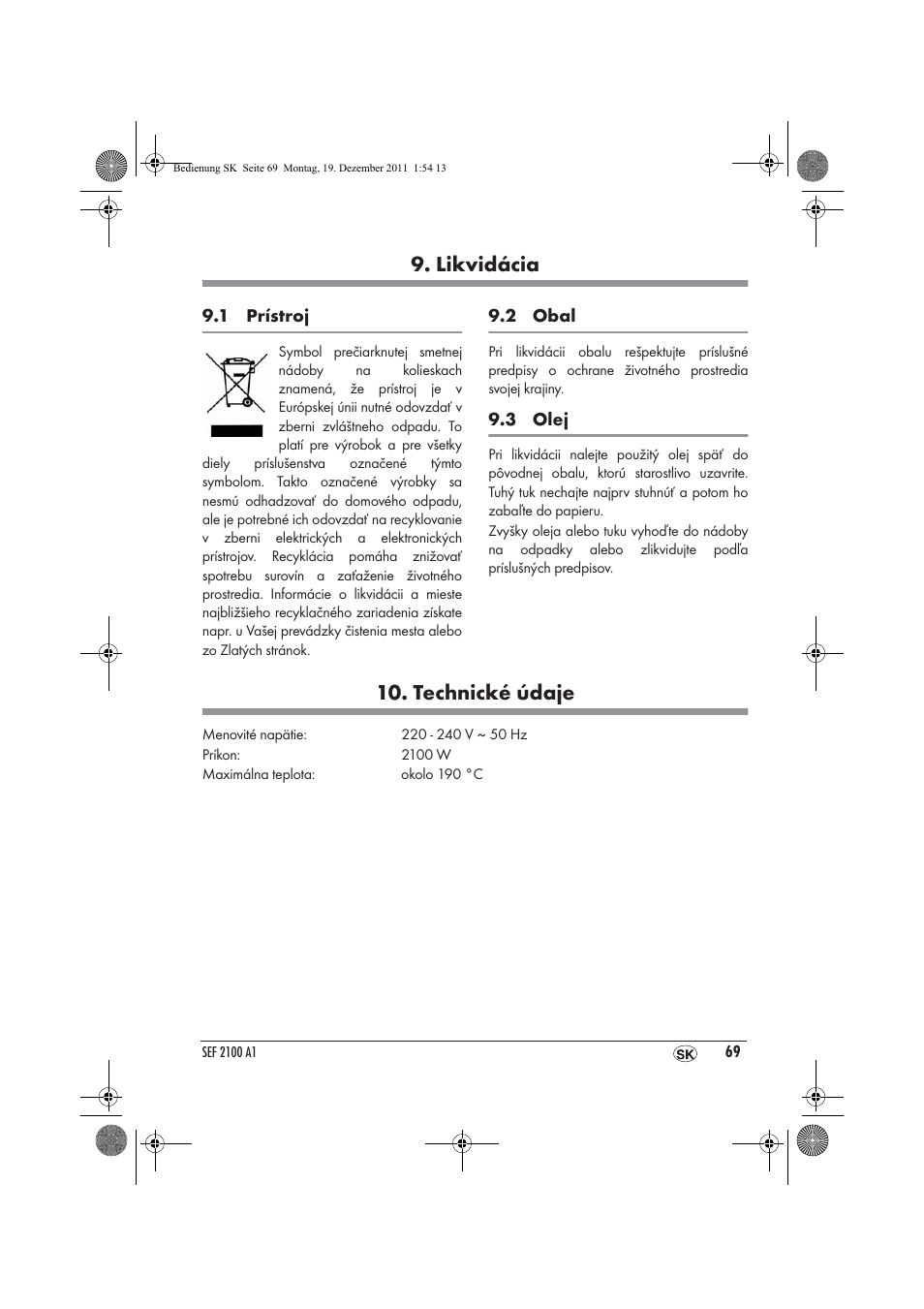 Likvidácia, Technické údaje | Silvercrest SEF 2100 A1 User Manual | Page 71 / 86