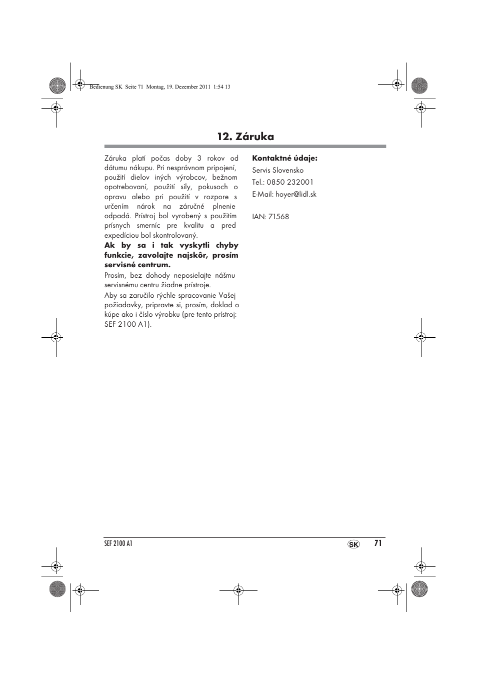 Záruka | Silvercrest SEF 2100 A1 User Manual | Page 73 / 86