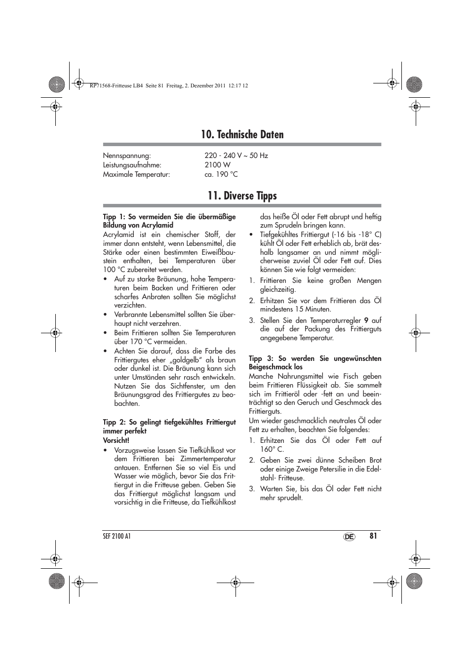 Technische daten, Diverse tipps | Silvercrest SEF 2100 A1 User Manual | Page 83 / 86