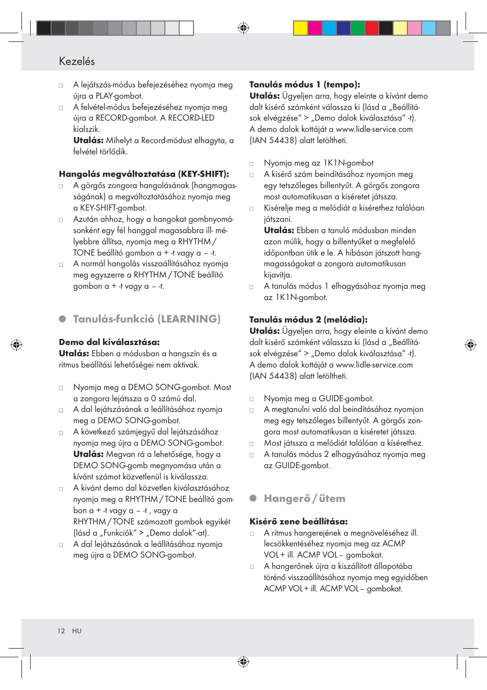 Kezelés, Tanulás-funkció (learning), Hangerő / ütem | Silvercrest Z30258-BS User Manual | Page 12 / 45