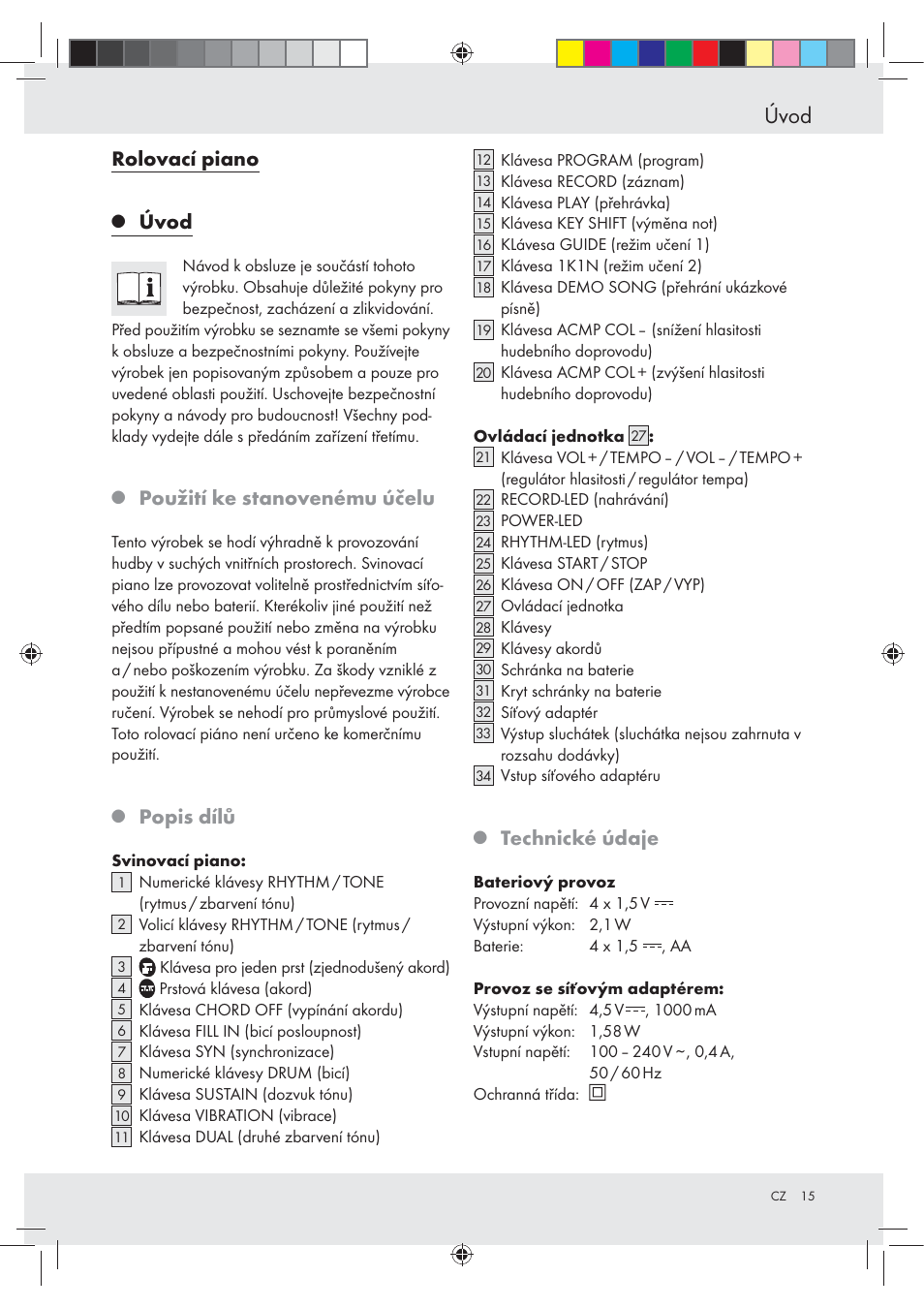 Úvod, Rolovací piano, Použití ke stanovenému účelu | Popis dílů, Technické údaje | Silvercrest Z30258-BS User Manual | Page 15 / 45