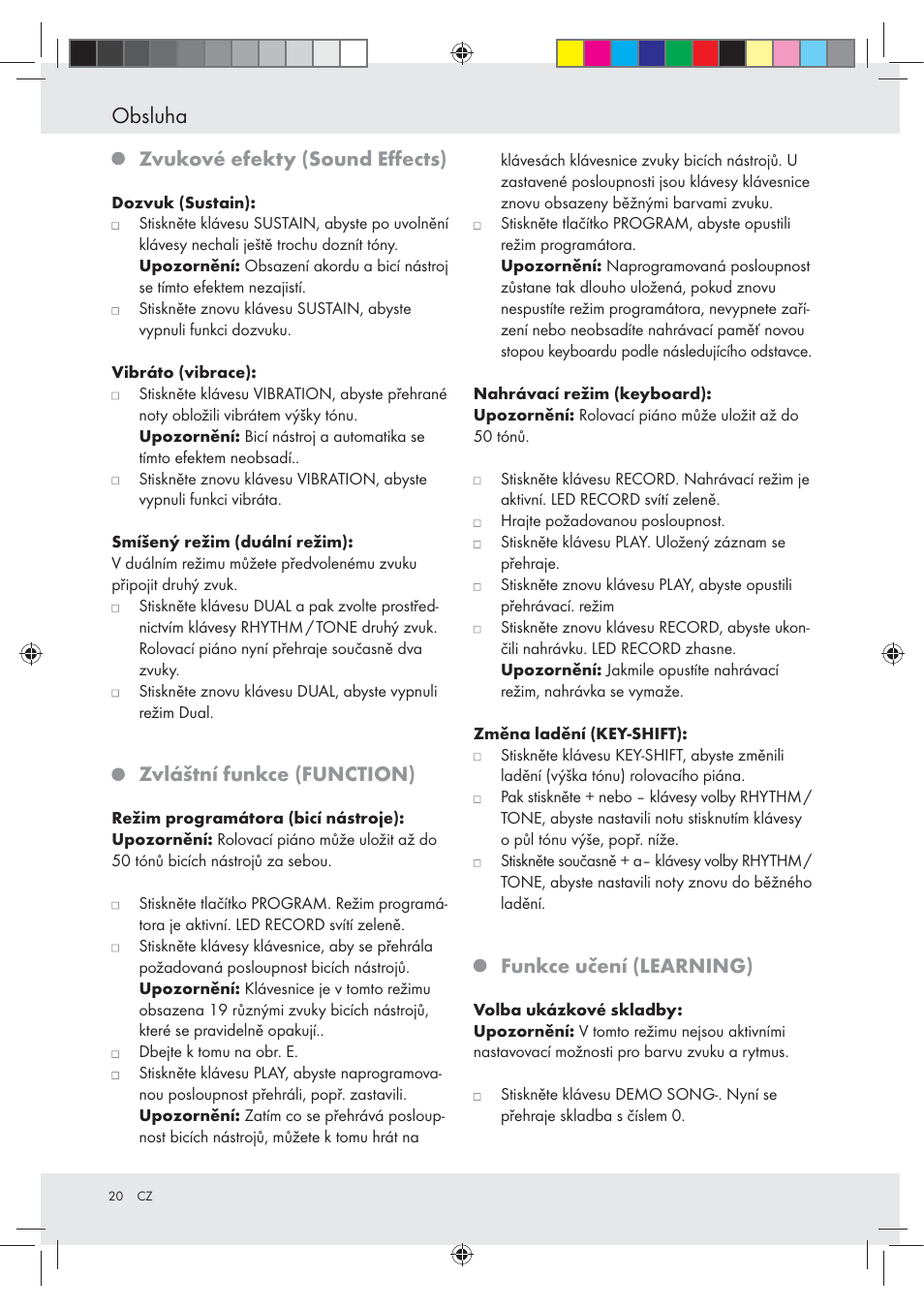 Obsluha, Zvukové efekty (sound eﬀects), Zvláštní funkce (function) | Funkce učení (learning) | Silvercrest Z30258-BS User Manual | Page 20 / 45