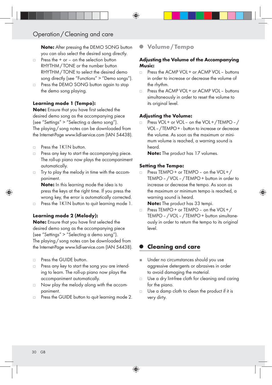 Operation / cleaning and care, Volume / tempo, Cleaning and care | Silvercrest Z30258-BS User Manual | Page 30 / 45