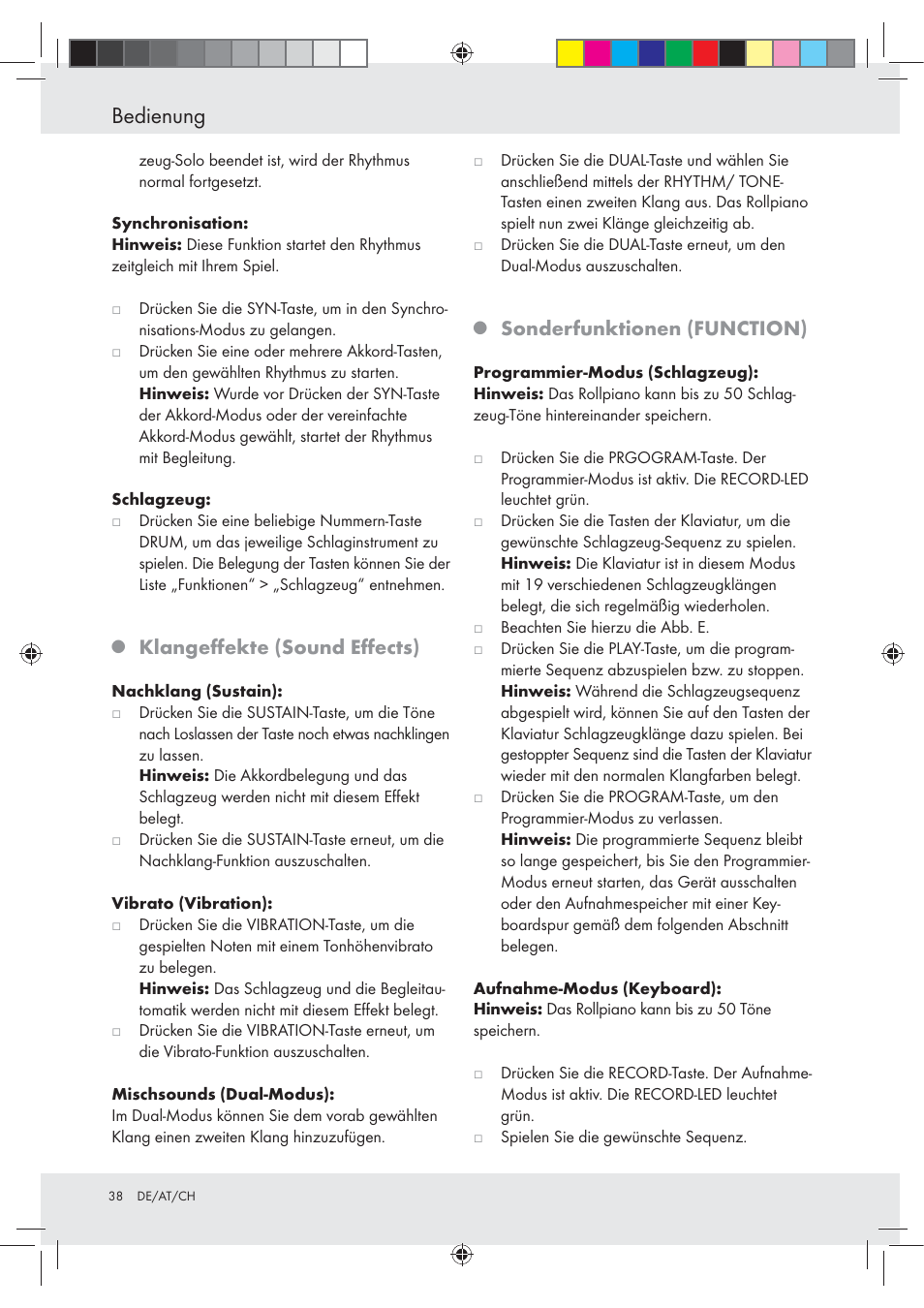 Bedienung, Klangeﬀekte (sound eﬀects), Sonderfunktionen (function) | Silvercrest Z30258-BS User Manual | Page 38 / 45