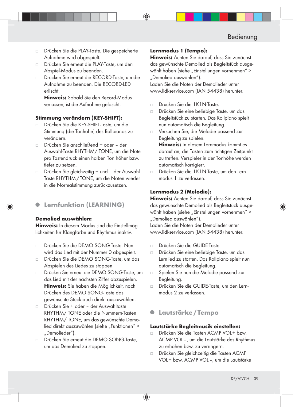 Bedienung, Lernfunktion (learning), Lautstärke / tempo | Silvercrest Z30258-BS User Manual | Page 39 / 45