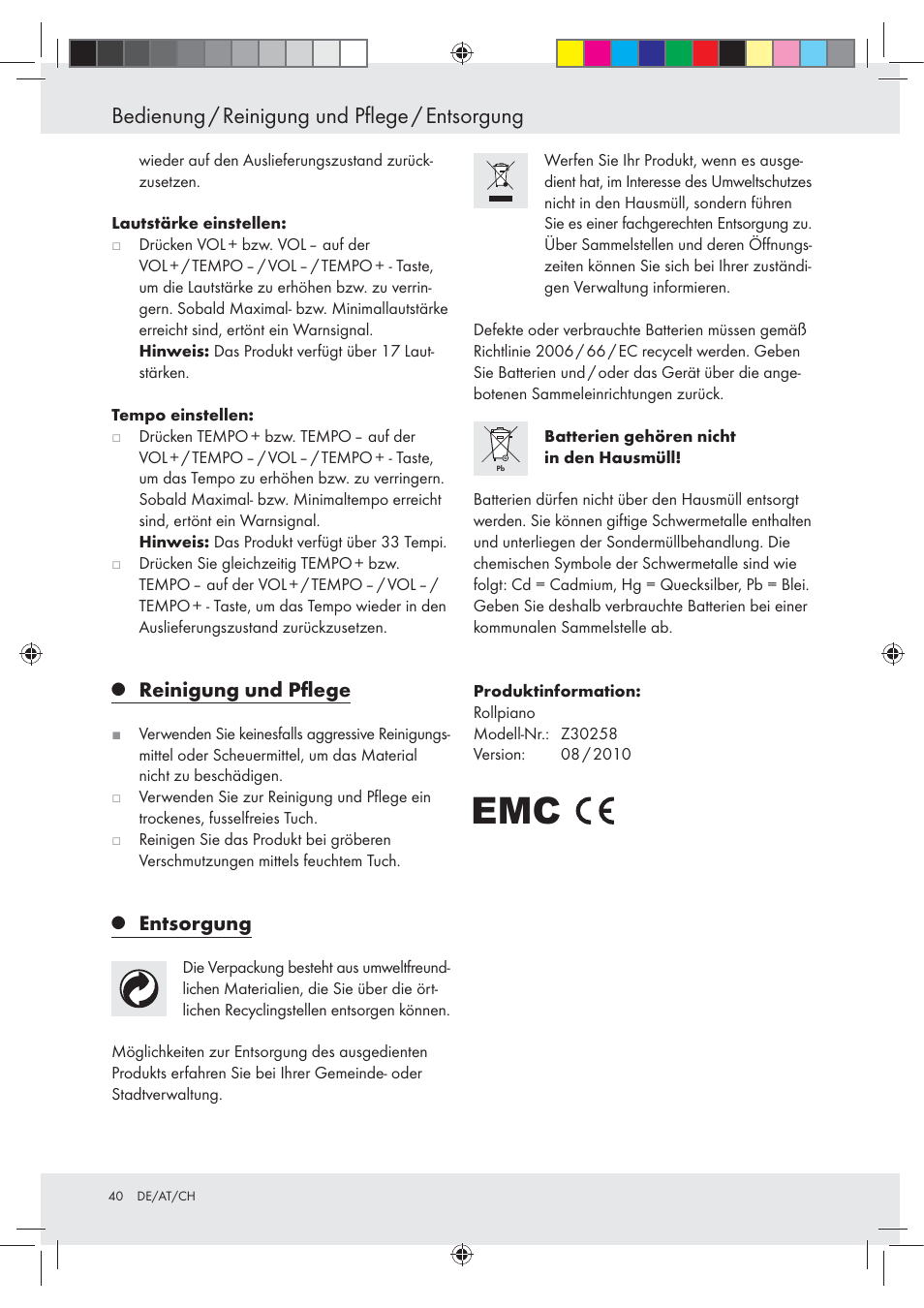 Bedienung / reinigung und pflege / entsorgung, Reinigung und pﬂege, Entsorgung | Silvercrest Z30258-BS User Manual | Page 40 / 45