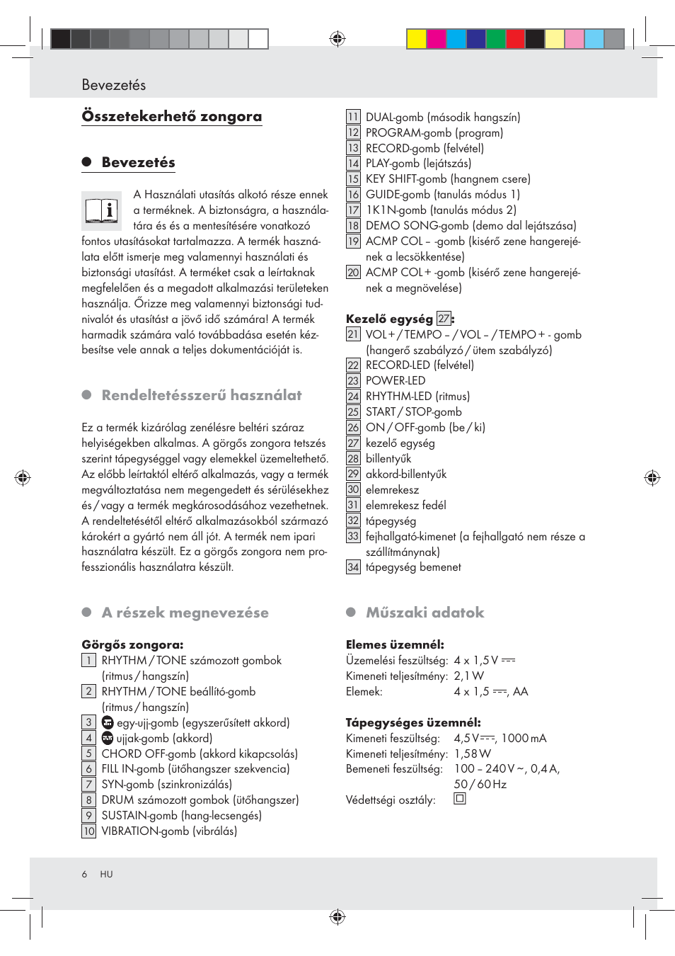 Bevezetés, Összetekerhető zongora, Rendeltetésszerű használat | A részek megnevezése, Műszaki adatok | Silvercrest Z30258-BS User Manual | Page 6 / 45